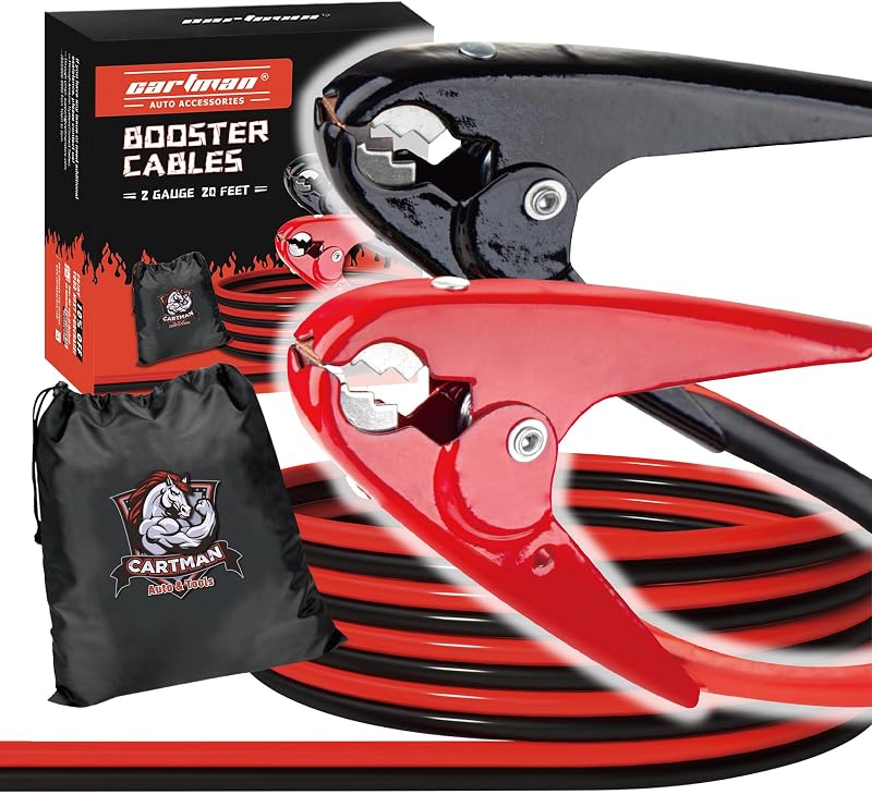 2 Gauge 20 ft Heavy Duty Jumper Cables with Carry Bag | Dual-Connection Clamps, High-Density CCA Conductors, Cold-Resistant TPR Jacket