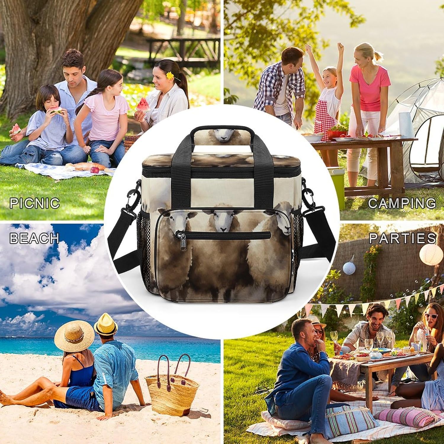 Large-Capacity Oxford Cloth Sheeps Watercolor Printed Camping Ice Bag, Outdoor Portable Insulation and Cold Storage Bag, Enjoy A Cool Camping Time