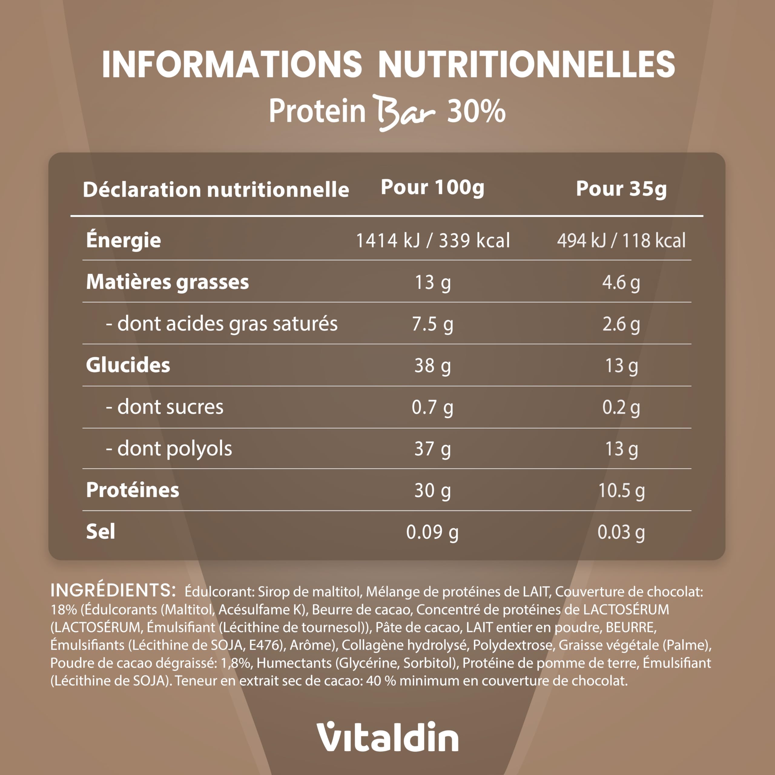 VITALDIN Barre Protéinée Chocolat – 30% Protéines avec Collagène Hydrolysé – Faible en Glucides & Calories – Sans Sucres Ajoutés – 0,2 g de Sucre – Snack Sain – Pré & Post Entraînement – 12 barres