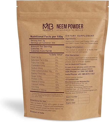 Miniatura 4 de MB Herbals Polvo puro de neem de 8 onzas 8.01 oz/0.5 libras de polvo de hoja de neem puro hecho en la naturaleza Suplemento para piel y cabello