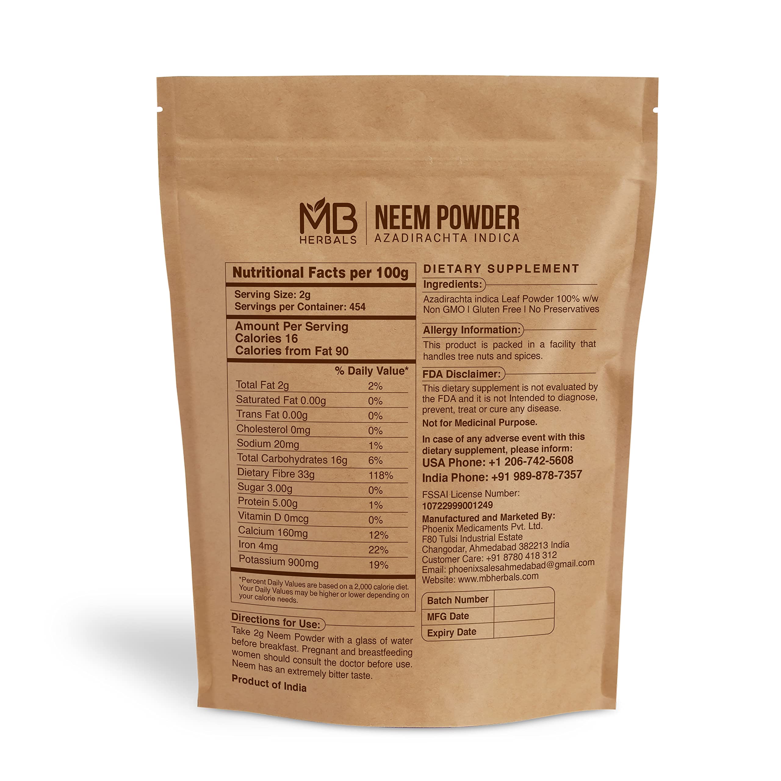 MB Herbals Pure Neem Powder 2 lb | 32 oz | 908 Gram | 100% Pure Wild-Crafted Neem Leaf Powder | Very Bitter Neem Supplement for Skin Hair & Detox | Azadirachta Indica — Amazon image 2