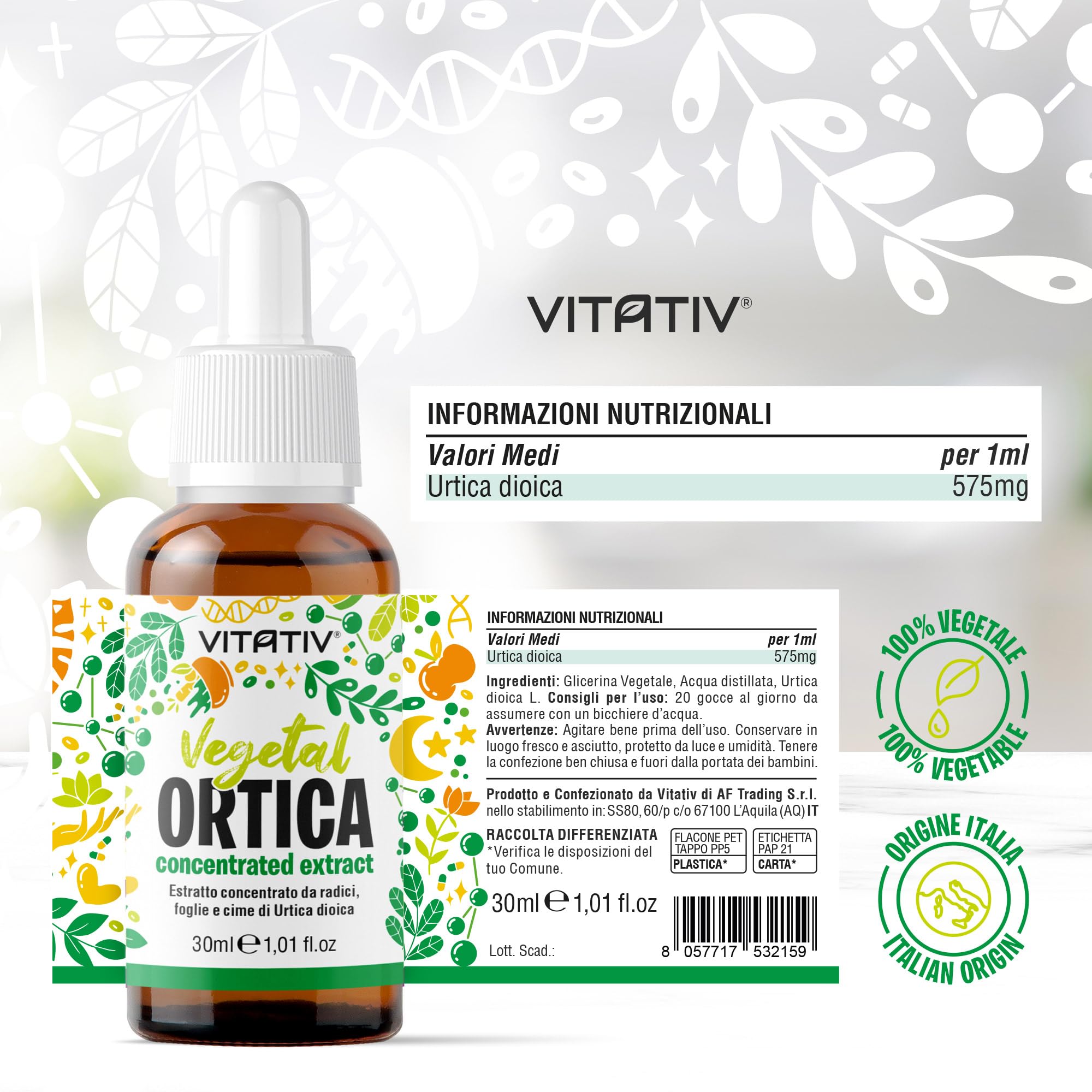 Vitativ Ortica (Urtica Dioica) Estratto Concentrato Analcolico Liquido in Gocce, 30 ml| Estratto Vegetale | Vegano