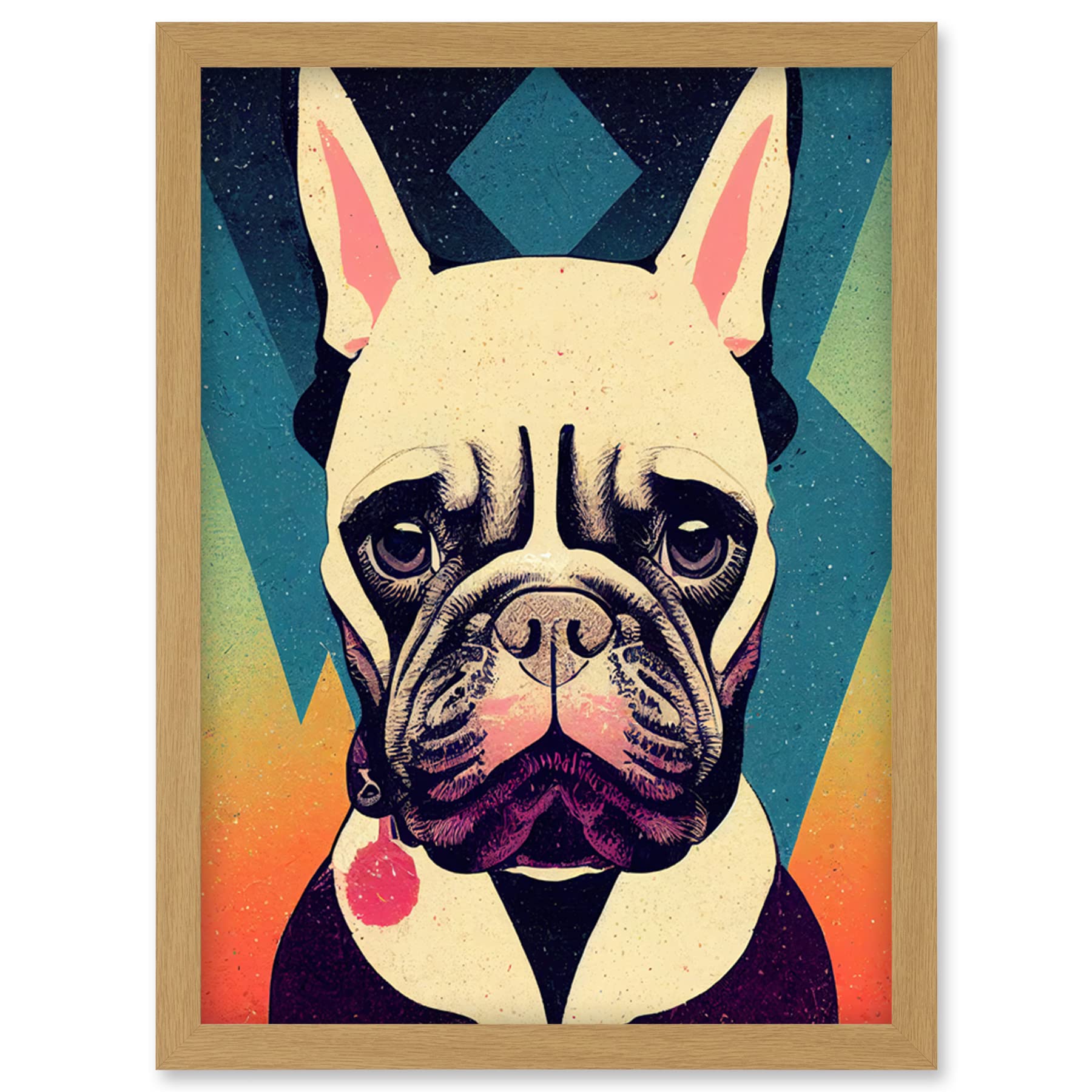 Wee Blue Coo French Bulldog Portrait Geometric Pastel Modern Illustration Artwork Framed Wall Art Print A4