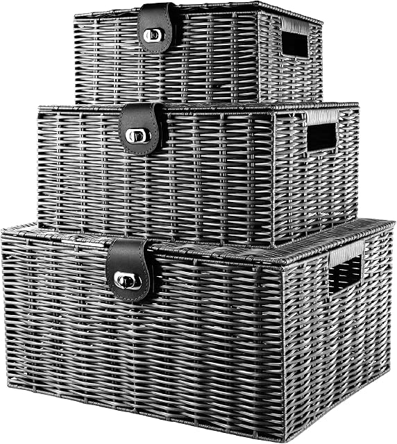 Unibos | Woven Wicker Hamper Basket | Comes with Lid & Lock | Decorative Storage Box | Resin Shelf Storage Baskets | for Organizing Toys, Clothes, Office etc | Insert Handles | Set of 3 |