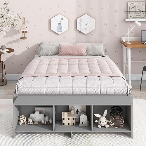 Miniatura 3 de Lakifun Cama de plataforma de tamaño matrimonial con estuche de almacenamiento y 2 cajones, marco de cama de madera maciza con listones de soporte