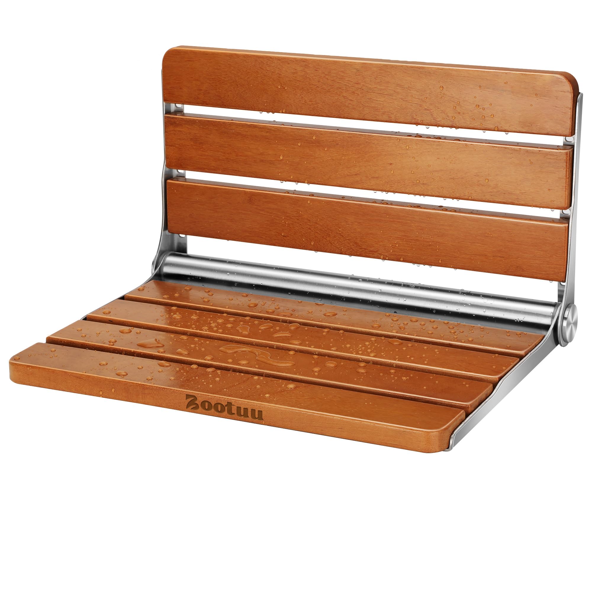 18" Teak Folding Shower Seat Wall Mounted,Fold Down Shower Bench for Small Shower Space, Home Care Teak Wood Stool for Inside Shower (18" Teak-Stainless Yellow)