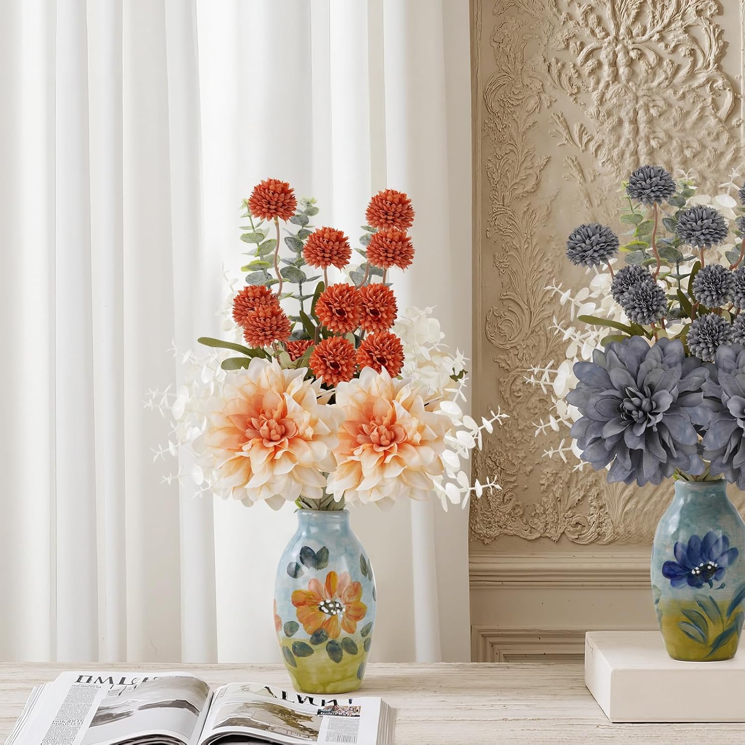 Fake Flowers with Small Hand-Painted Vase,17" Champagne Artificial Flowers Bouquet in Ceramic Vase,Silk Flower Eucalyptus Arrangements for Home Dining Living Room Office Coffee Table Decorations - Image 5