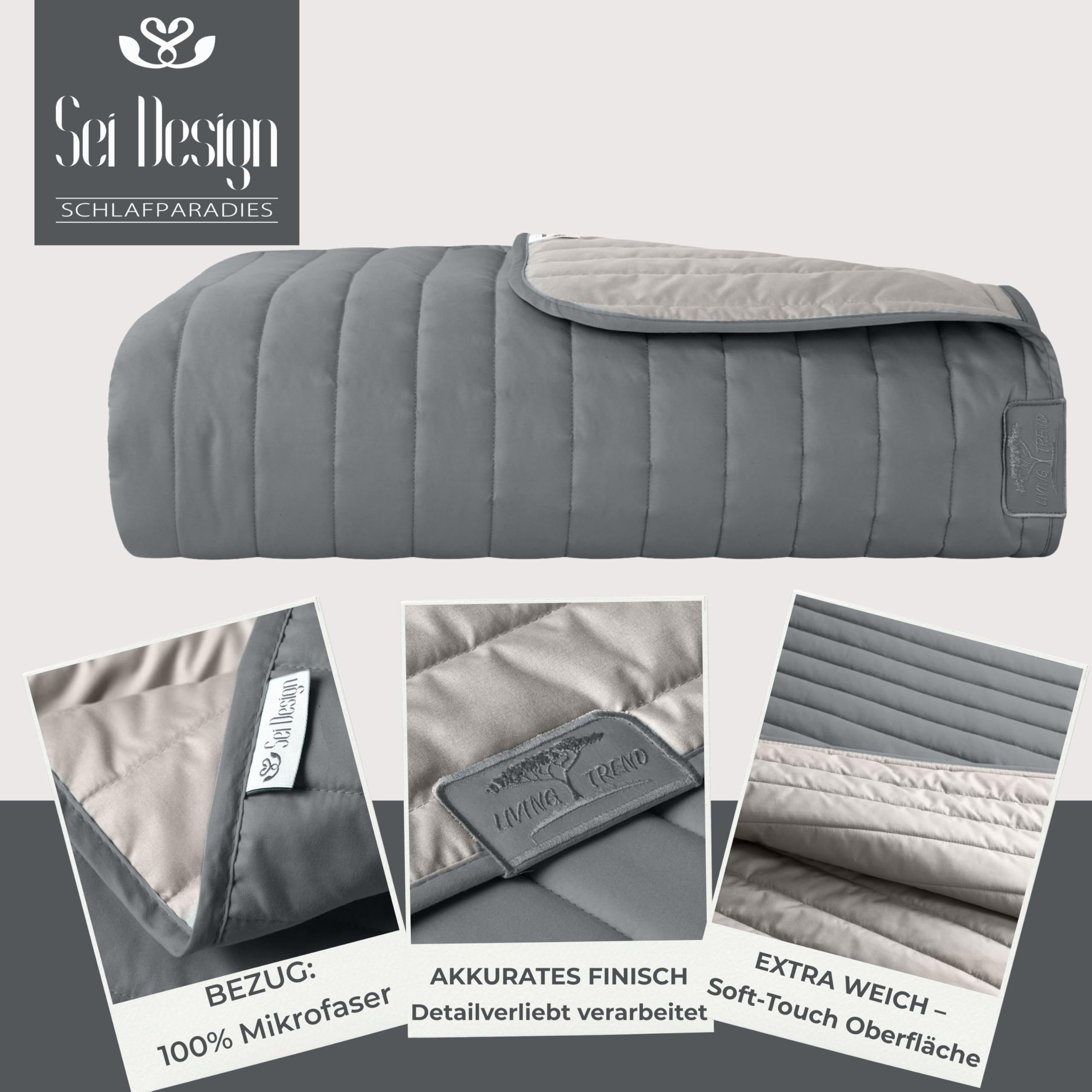 sei Design Luxus Tagesdecke 240x260 – Kuscheldecke & Überwurfdecke Beige - Grau – Sofadecke, Bettüberwurf & Deko für Schlafzimmer – Steppdecke flauschig, Wendedecke modern