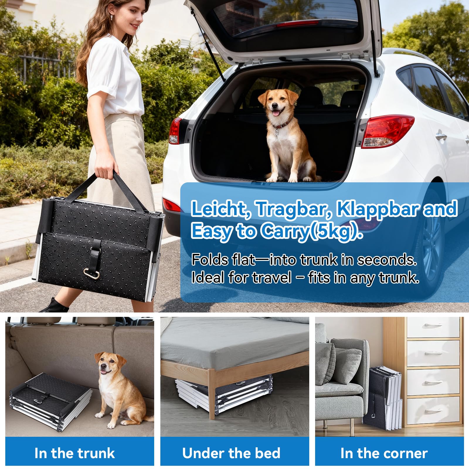 Rampa per cani a 5 stpes per auto: gradini extra larghi con tappeto antiscivolo, rampa pieghevole in alluminio portatile per animali domestici, per auto, SUV e camion, supporta fino a 70 kg