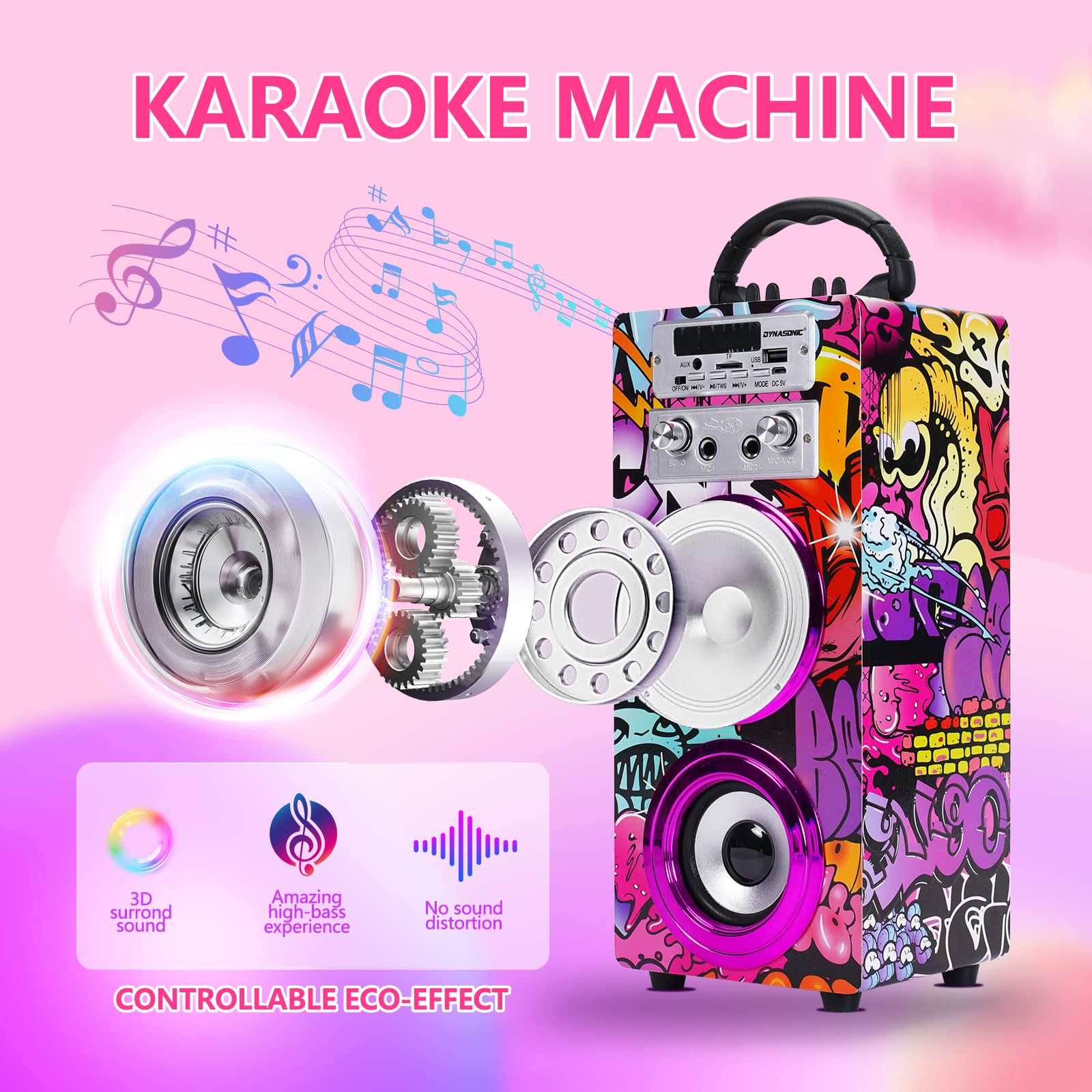 DYNASONIC Macchina Karaoke Portatile, 2 Microfoni, Altoparlante Bluetooth, Design unico ed esclusivo, Luci, Lettore USB e SD (025-12 lights)