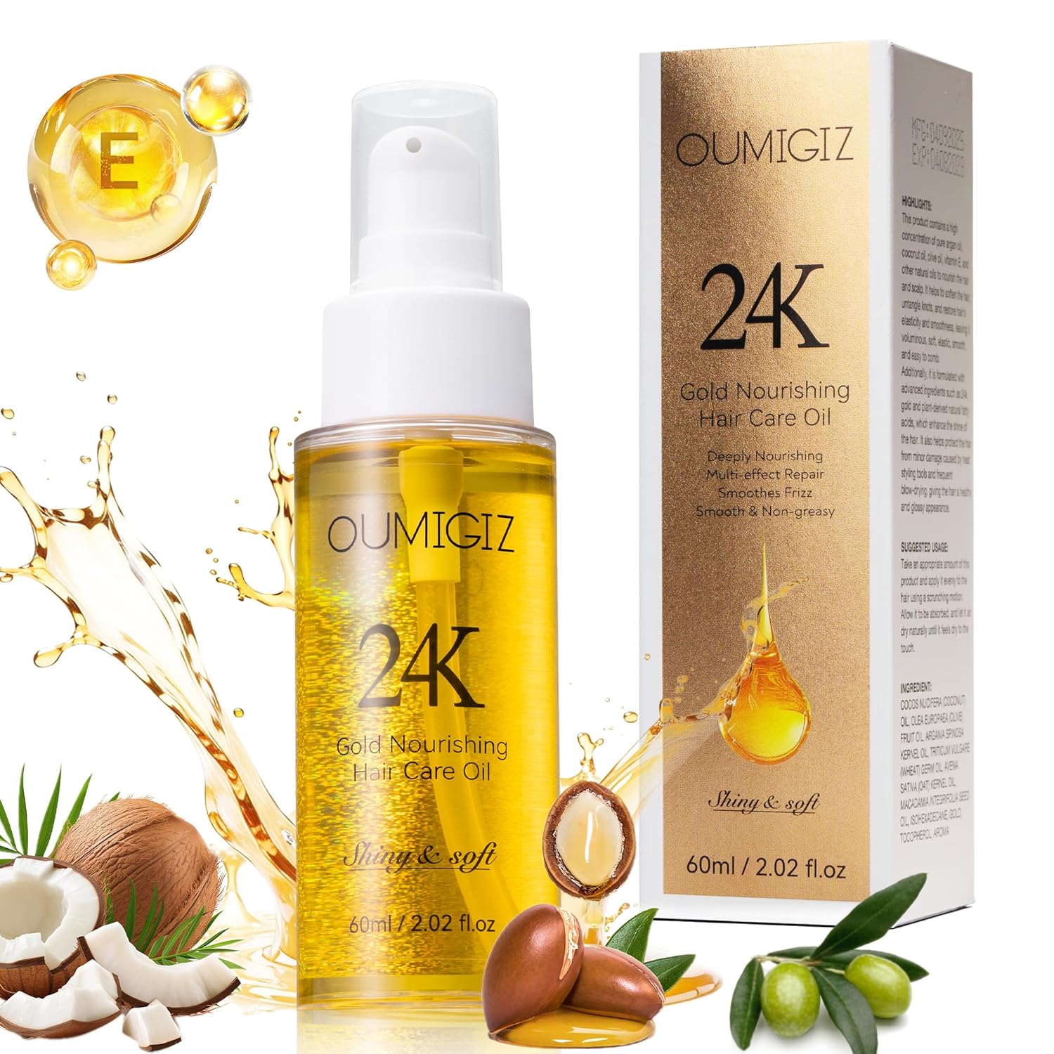 24K Gold Hair Oil, Repair Shine Serum with Coconut, Argan & Olive Oils – Heat Protectant and Frizz Control – Vegan, Lightweight Leave-In Treatment for Dry Damaged Hair (2.02 Fl Oz (Pack of 1)) 24K Gold Hair Oil, Repair Shine Serum with Coconut, Argan & Olive Oils – Heat Protectant and Frizz Control – Vegan, Lightweight Leave-In Treatment for Dry Damaged Hair (2.02 Fl Oz (Pack of 1))