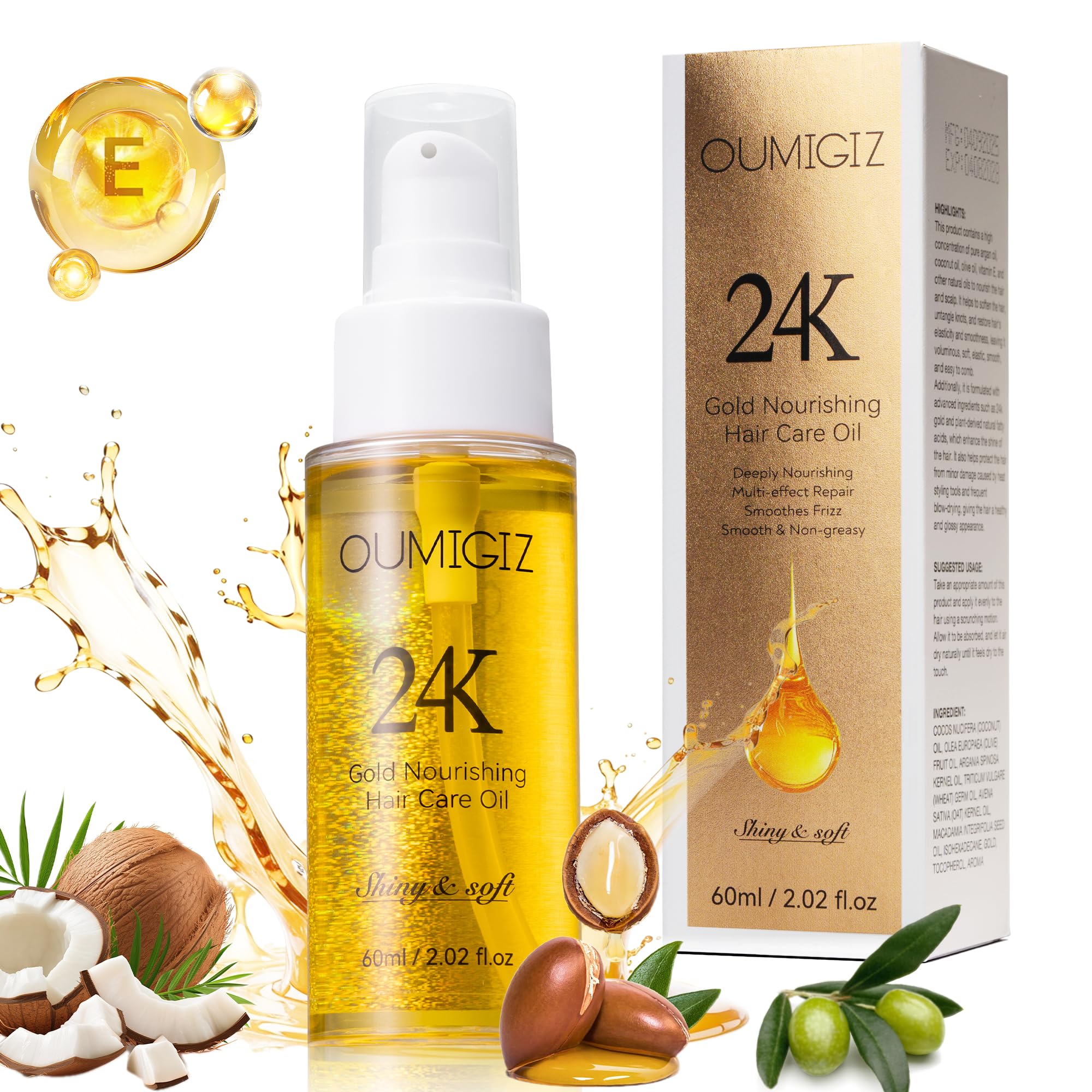 Suero reparador y brillante con aceite capilar de oro de 24 quilates, aceites de coco, argán y oliva. Protector térmico y control del frizz. Tratamiento vegano ligero sin enjuague para cabello seco y dañado. Paquete de 1 unidad de 2,02 onzas líquidas.