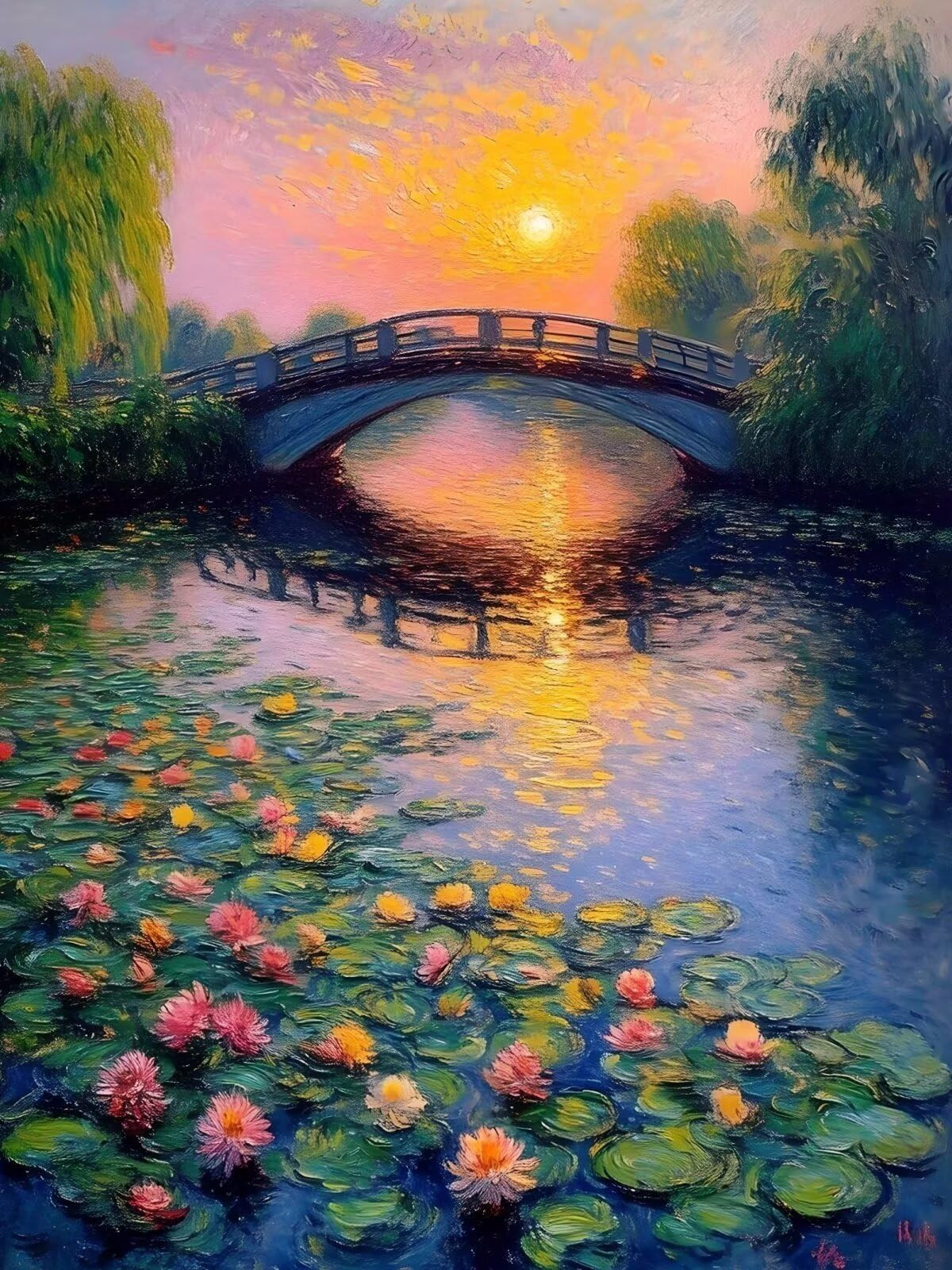 Dipingere con i Numeri Adulti Ponte Paint by Numbers, Stagno di loto Dipingere con i Numeri Bambini, Passatempo per Adulti Principianti Kit Completo , Decora la Casa Regalo 80x60 cm con Telaio Q-887