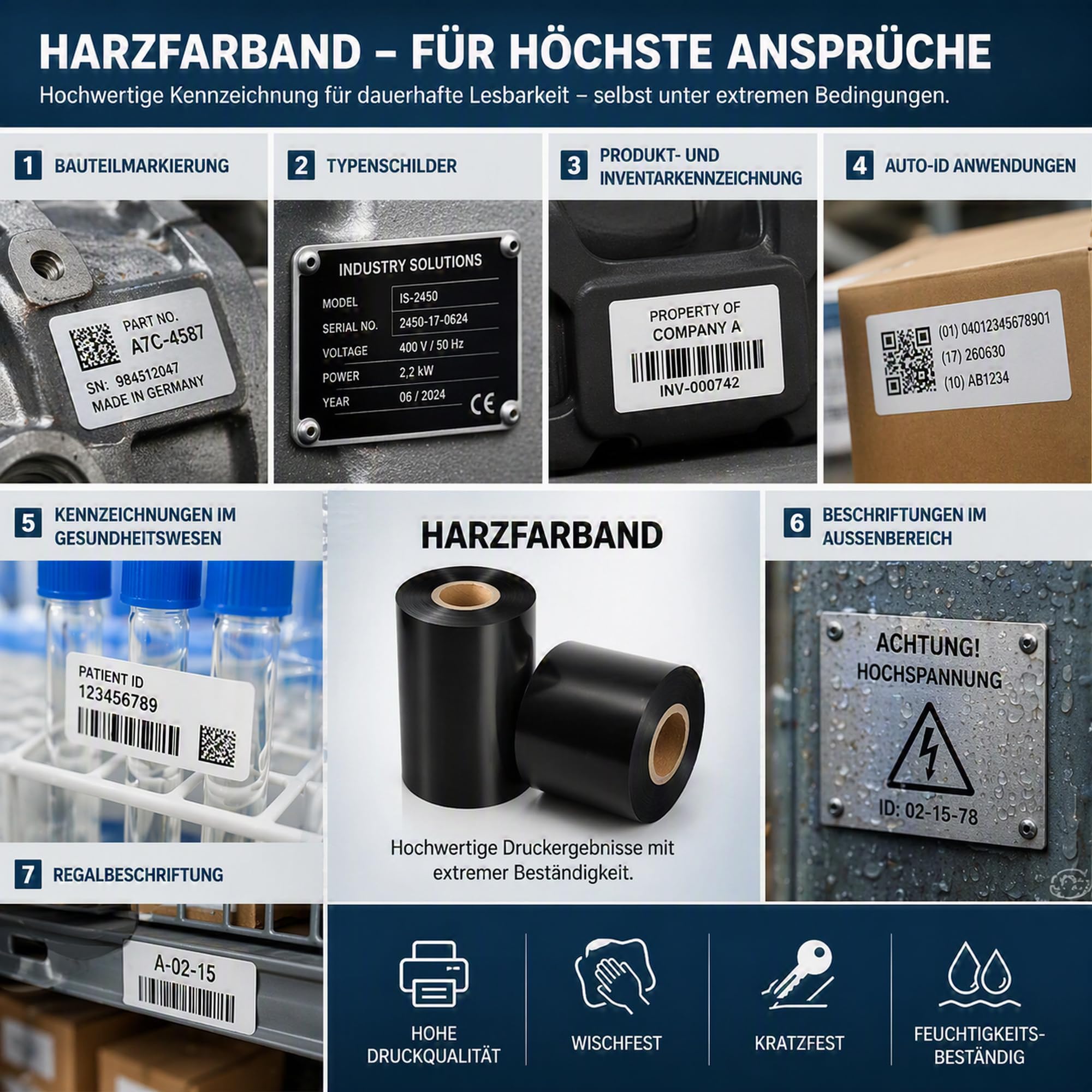Labelident Thermotransfer Farbband Harz schwarz 110mm x 74m - 10 Rollen, Außenwicklung, kompatibel Zebra TSC GoDEX, für Folienetiketten
