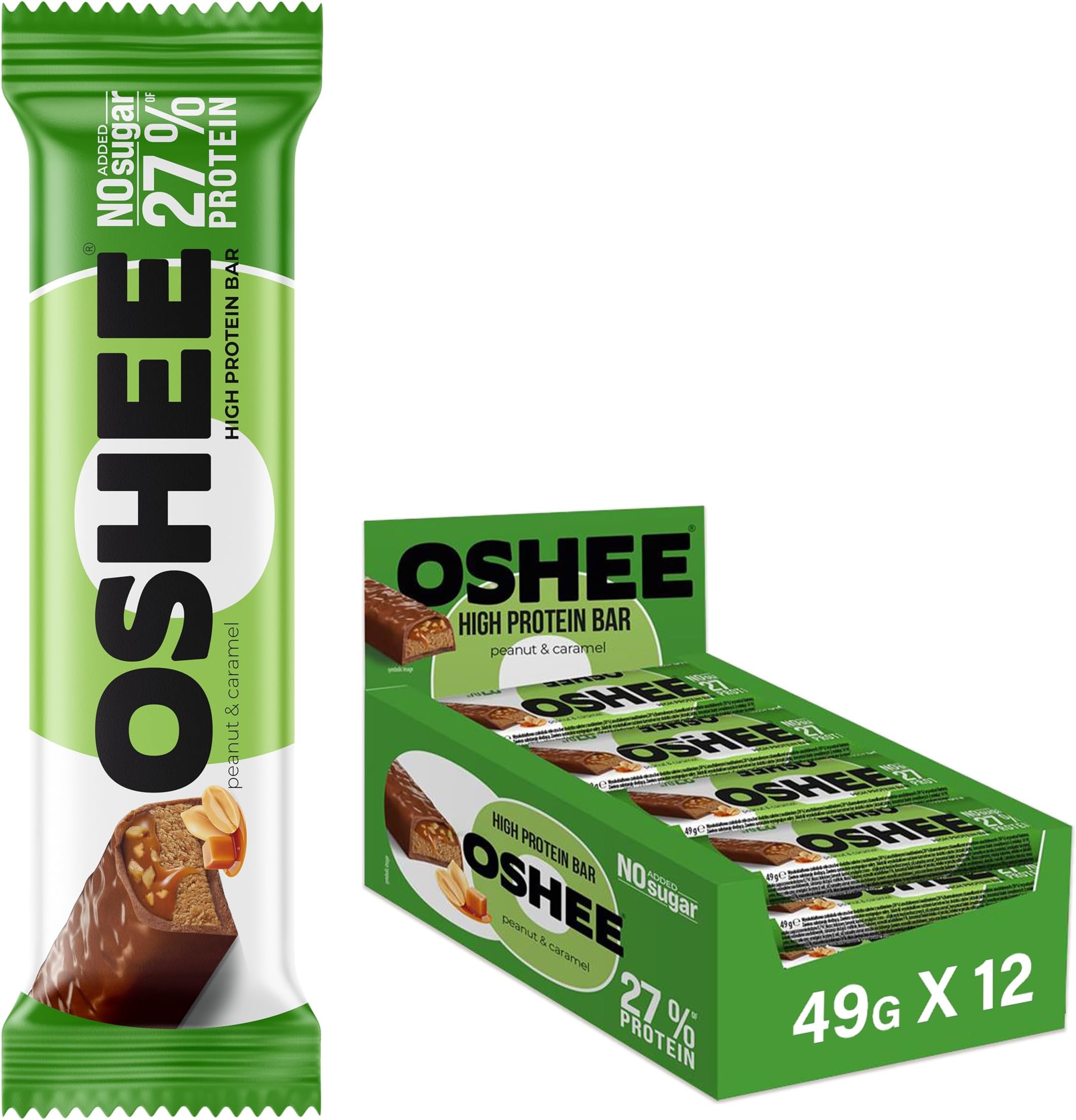 High Protein Bars – Peanut & Caramel, 49g (Pack of 12), 27% Protein Snack for Muscle Recovery & Energy, No Sugar, High Fibre, Ideal for Active Lifestyles