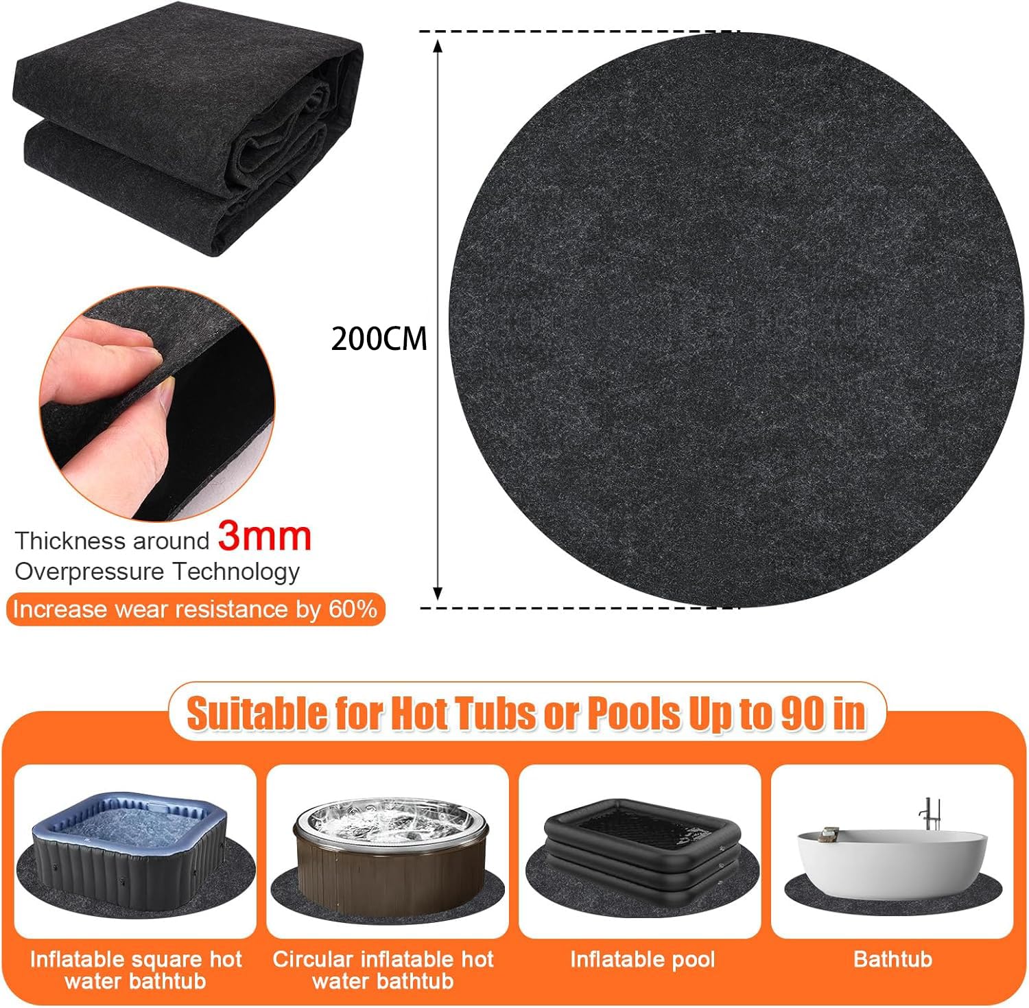 Tapis de Bain à Remous,200cm Dalle de Piscine,Tapis De Bain À Remous,pour Extérieur Intérieur Spa Tapis(Rond)