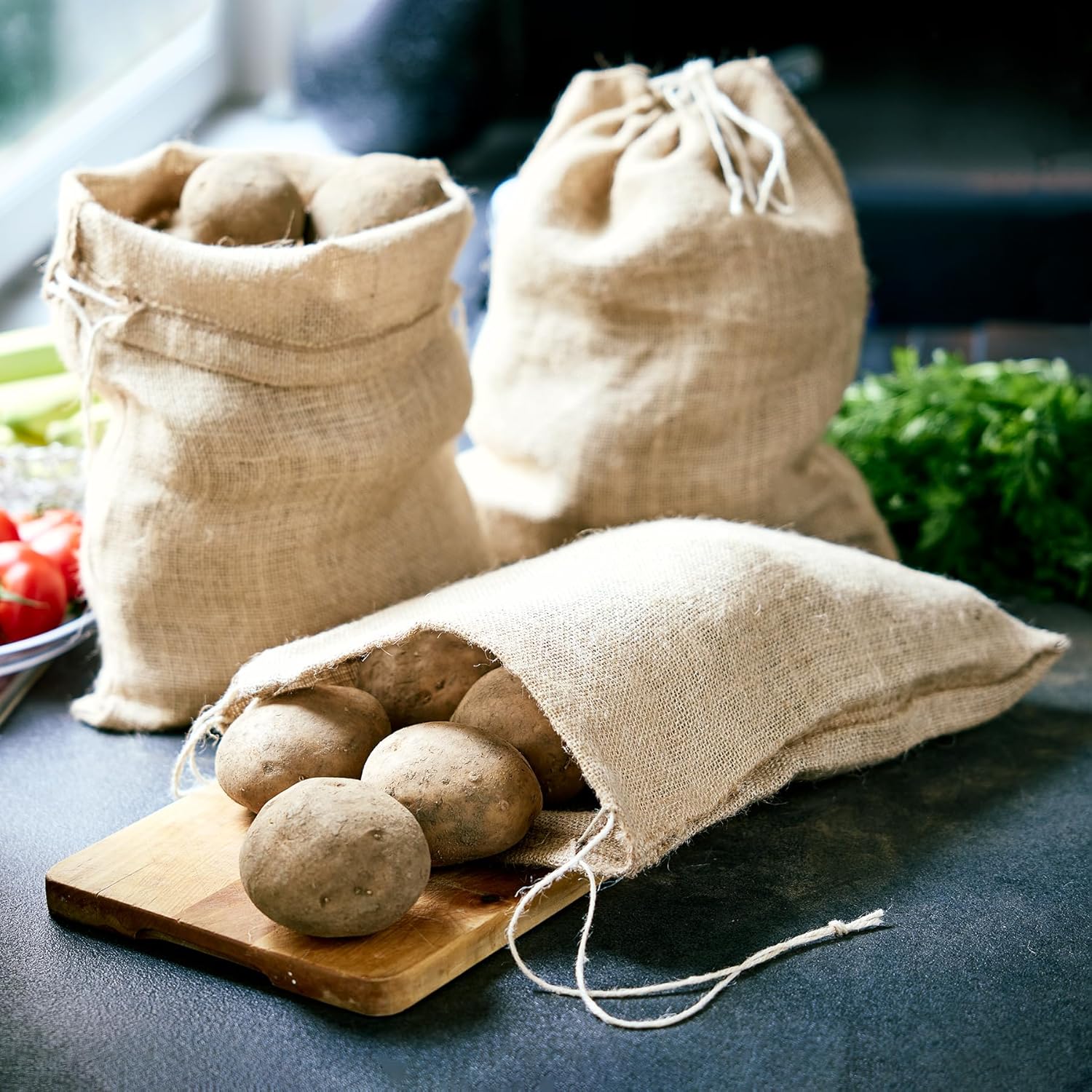 3 Jute Canvas Bags 36 x 30 cm Drawstring Storage Bag Potato Harvest Bag Nuts