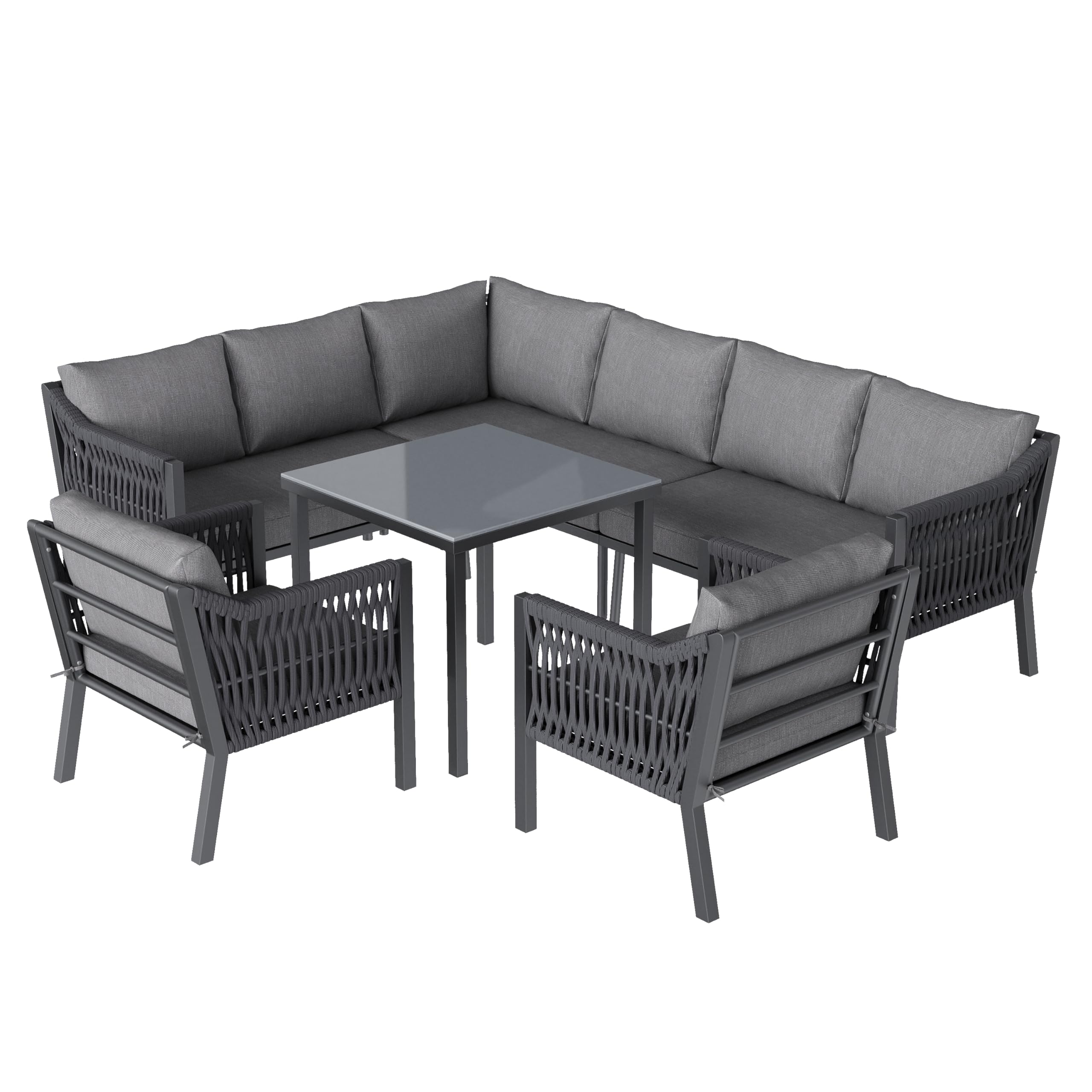Muebles Jardin Exterior de 7-8 Plazas con 2 Sillones y Mesa, Sofa Terraza Exterior con Cojín Suave, Muebles Terraza Exterior con Reposabrazos Trenzado y Estructura Metálica, Gris
