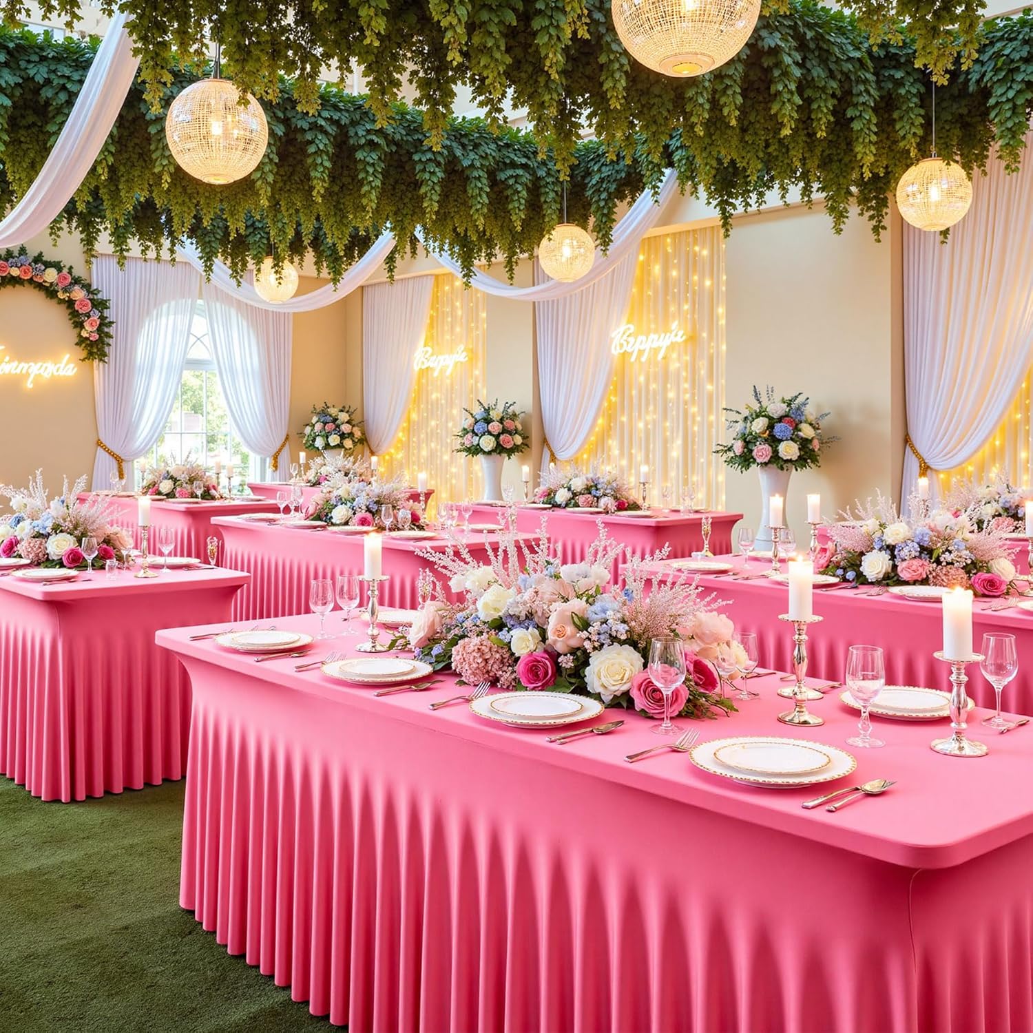 2pk Hot Pink Spandex Tablecloths 6ft for Rectangle Tables, Wrinkle Free Classy Table Skirt Stretchy Fitted Table Cloths Covers 6 Foot for Weddings Birthday Party Events Banquette Baby Shower