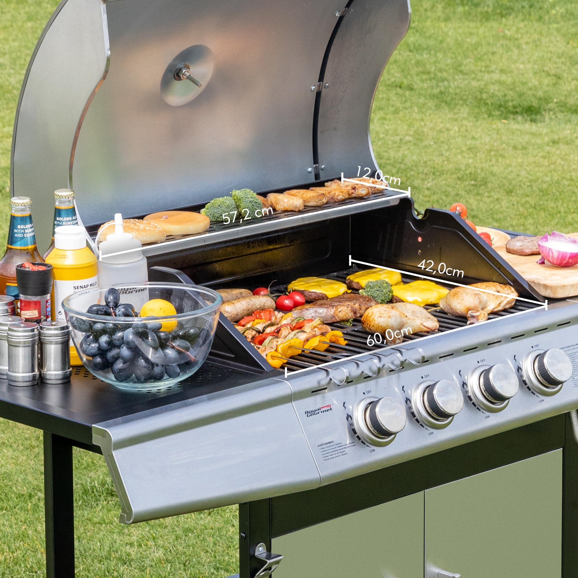 Royal Gourmet Barbecue Gaz 4+1 Brûleurs Acier Inoxydable 14,5kW Gril avec Tablettes Thermomètre 2 Roues Directionnelles 2 Portes