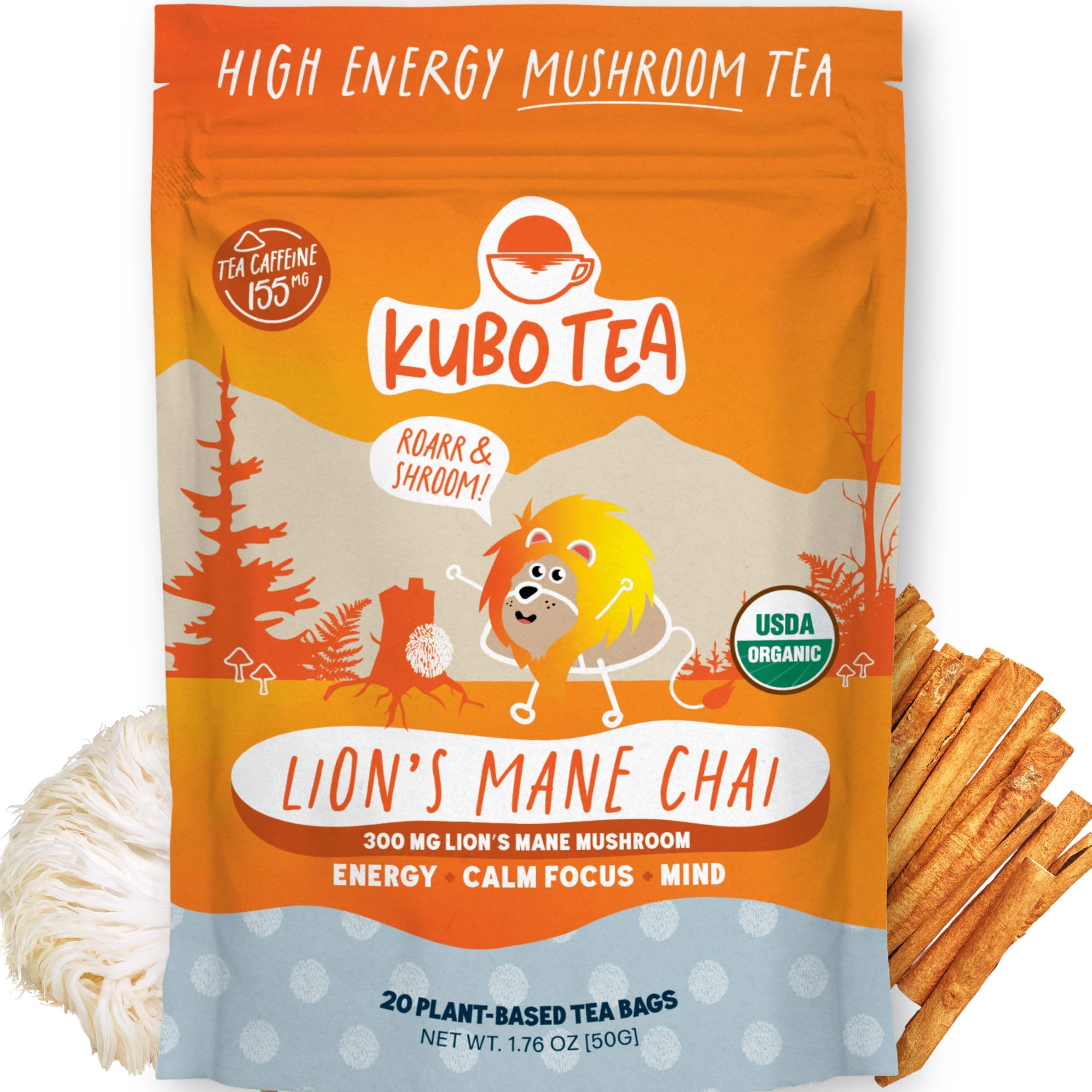 Kubo Lionโs Mane Chai Tea Bags | Organic High Caffeine (155mg) Black Tea + Lionโs Mane Mushroom | 20 Pyramid Count | Caffeinated Tea for Calm Focus & Mind Support | Healthy Coffee Alternative, Calorie Free