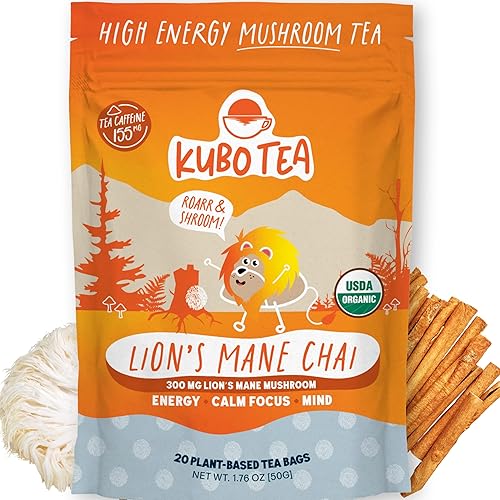 Kubo Tea Té negro de melena de león – Sustituto de café con alto contenido de cafeína con 20 porciones (155 mg de cafeína cada una) – Bolsas de té