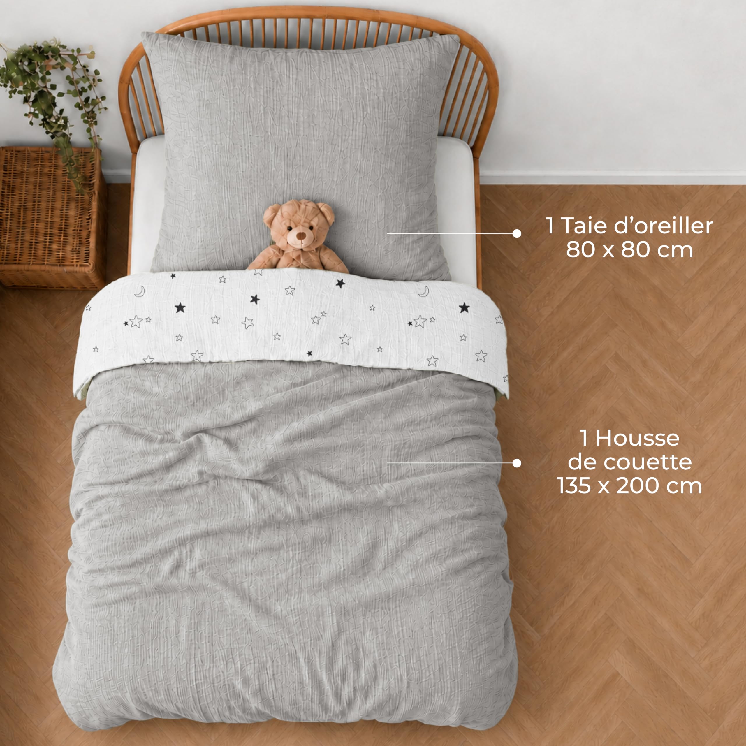 Dreamzie Parure de Lit Mousseline 135x200 Enfant 100% Coton Gris Clair