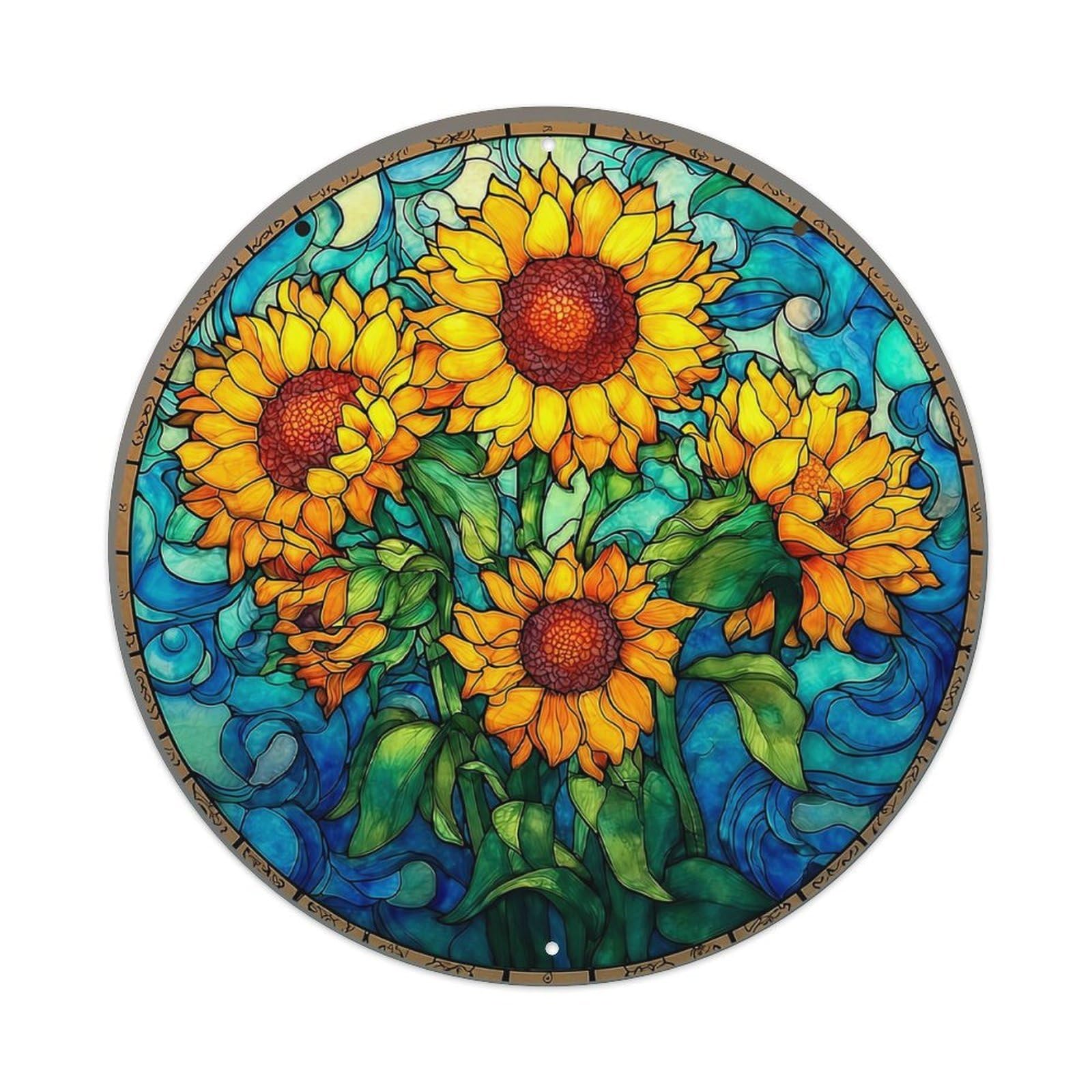 Stained Glass Sunflower Art Print Retro Metal Tin Sign, Vintage Metal Poster for home, Gaming Room, Studio Workshop,Bar,Garage Wall Art Decor 8x8 inch