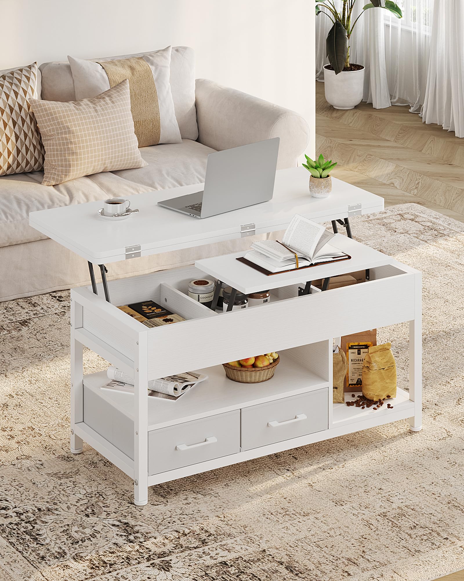 KIMENICH Table Basse Relevable, Table à Manger avec Plateau Pliant, avec 2 Tiroirs, avec Étagère de Rangement et Compartiment Caché, Tables Basse Extensible 3 en 1 pour Salon, Bureau (Blanc)