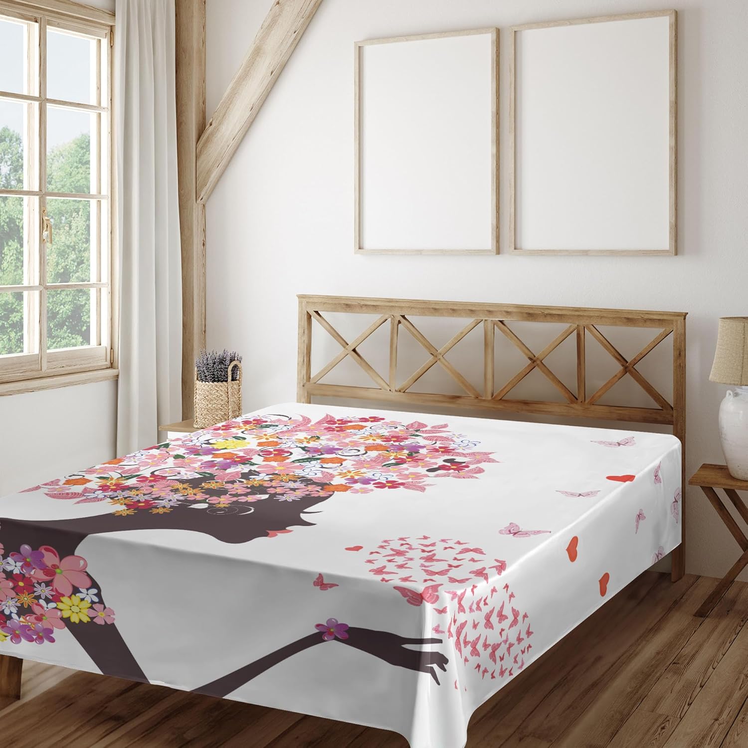 Ambesonne Butterflies Flat Sheet, Girl a Heart of Enjoying Blossoms Summertime Fantasy Happy Animal Print, Soft and Comfortable Top Sheet Decorative Bedding 1 Piece, Full Size, Multicolor