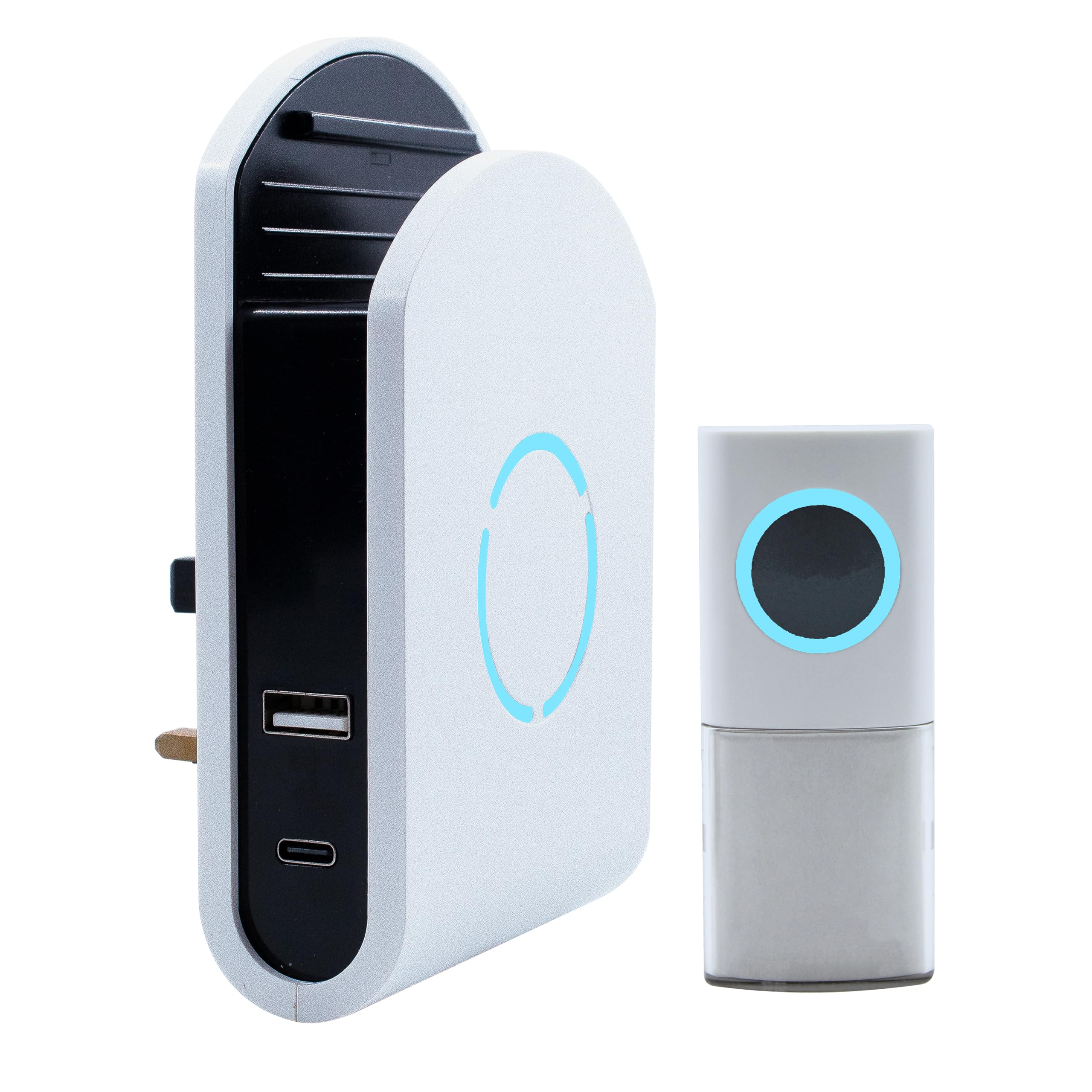 Uni-Com Campanello wireless plug-in con caricatore USB-A e USB-C integrato, portata di funzionamento 200 m, 30 diversi suonerie, allarme campanello a LED, facile da installare