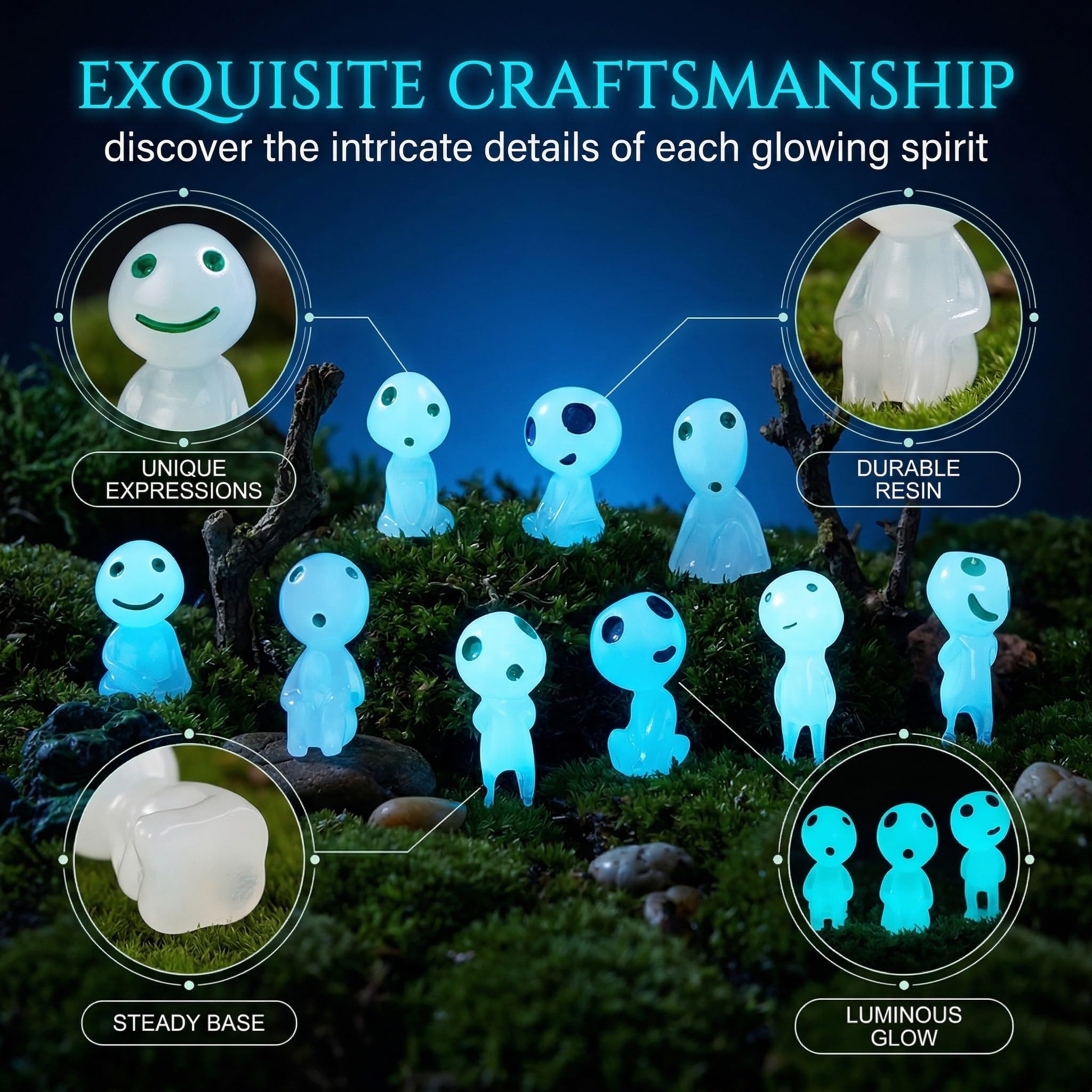 10 Pcs Halloween Mini Elfi Degli Alberi Fosforescenti, Elfi Degli Alberi Luminosi, Decorazioni da Giardino con Personaggi Princess Mononoke,Elfi Mononoke Resina per Prati,Accessori da Giardino