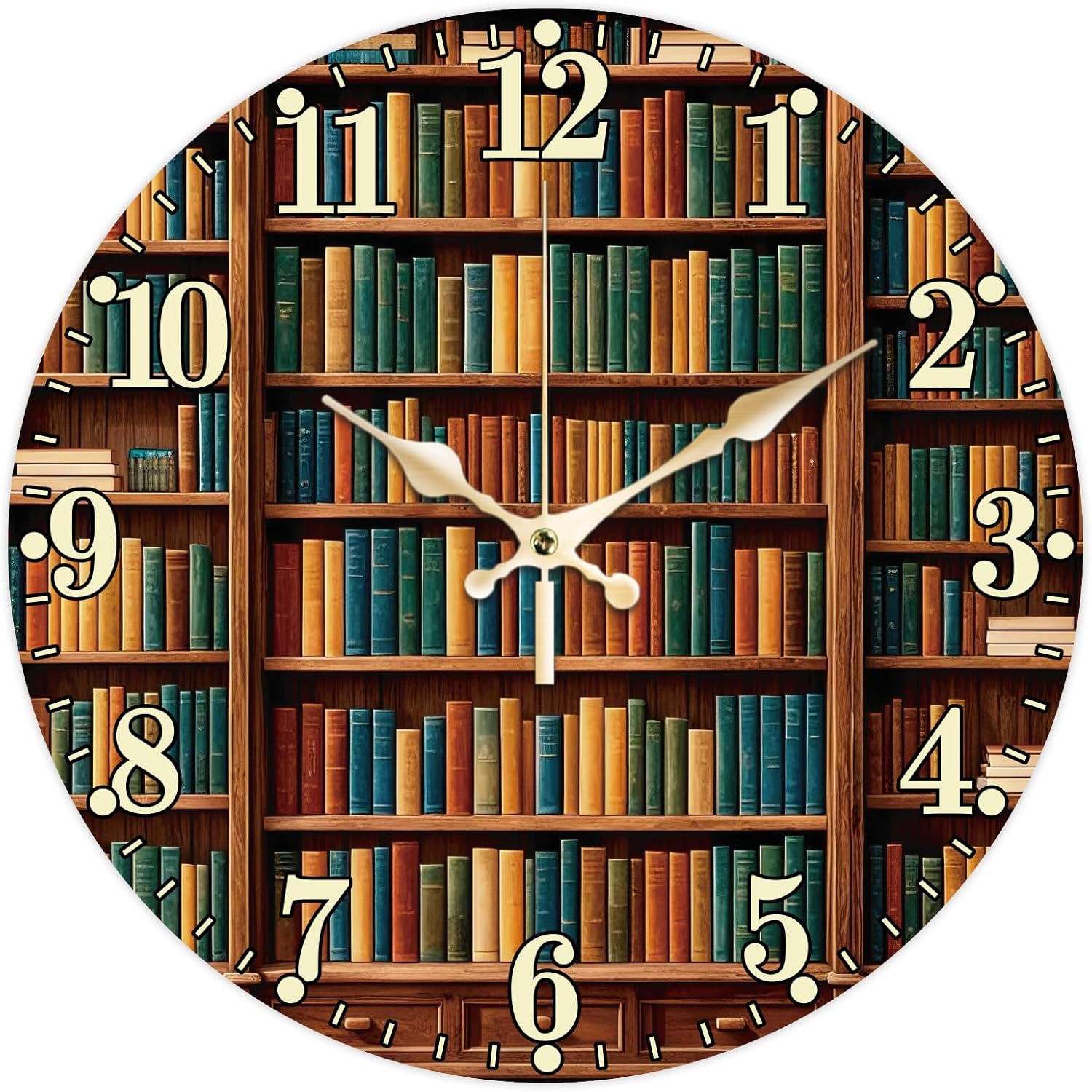 Bookshelf Wall Clock Decorative Wall Clocks Retro Style Non-Ticking Clock for Home Office Decoration, 12×12 inch