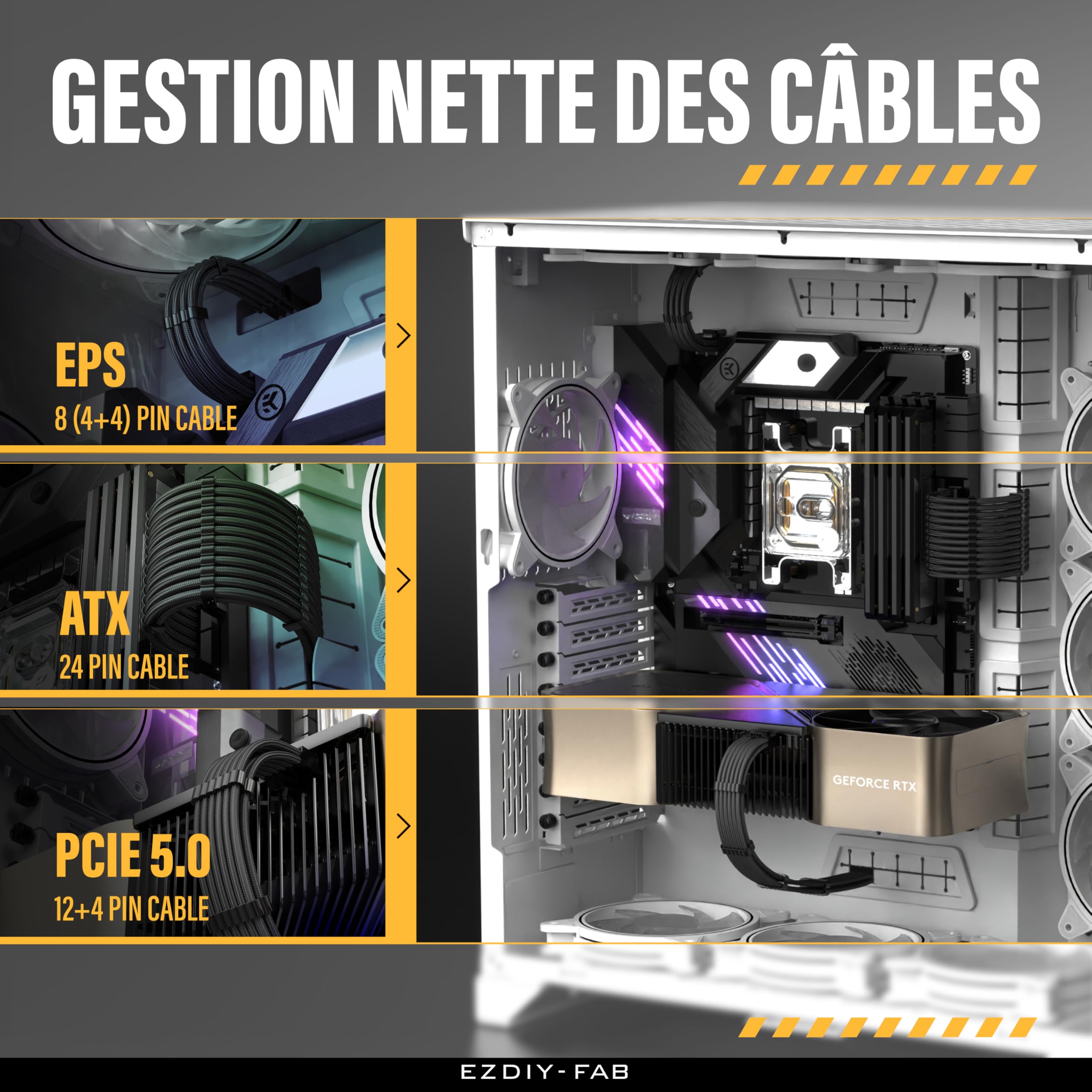 EZDIY-FAB Kit d'extension de câble d'alimentation 12VHPWR,Rallonge de câble d'alimentation PCIE 5.0 16AWG- 1x 24 Pin ATX /2X 8Pin (4+4) EPS / 1x12+4 Pin GPU,Câble à douille 300MM avec peignes-Noir