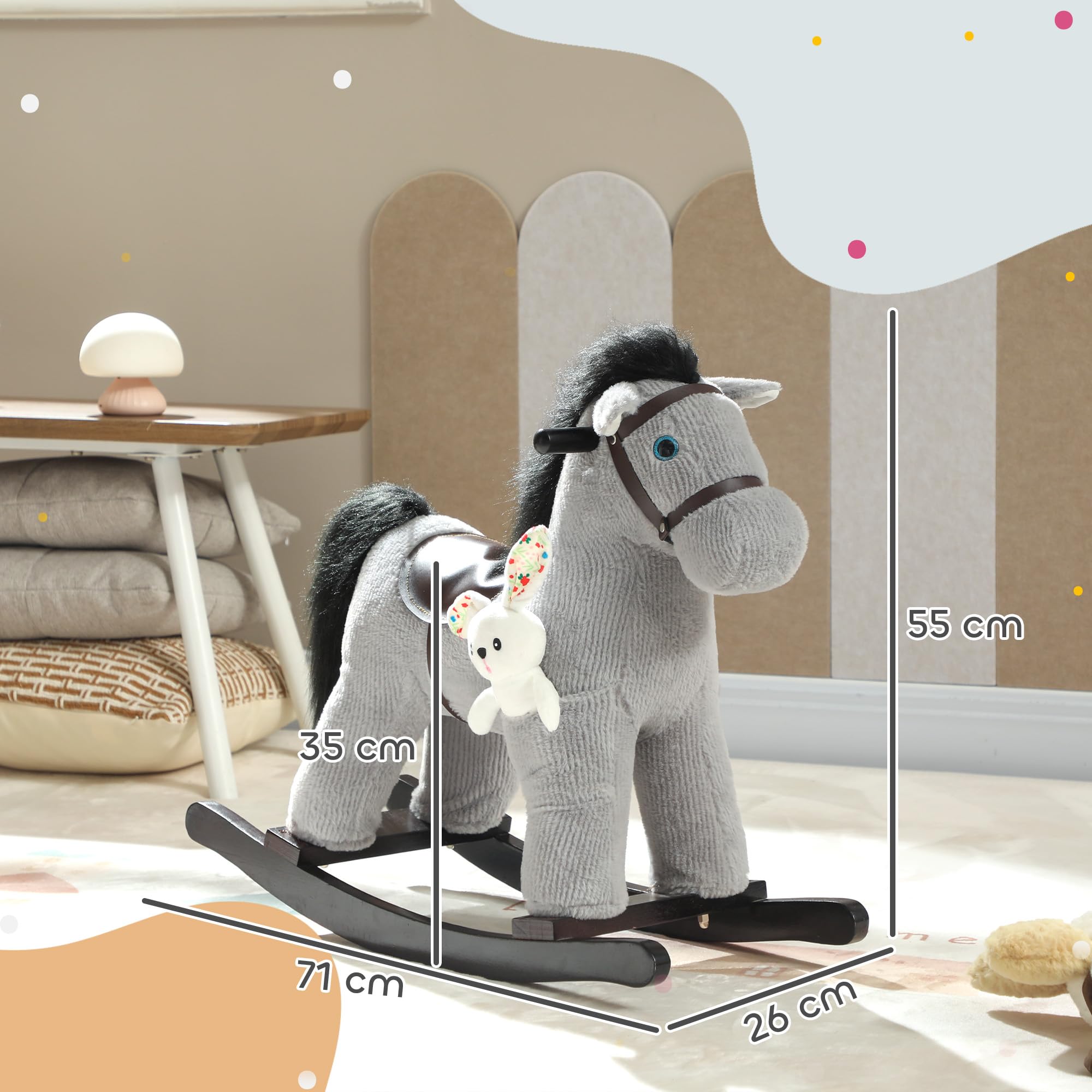 AIYAPLAY - Caballo mecedor para niños con efecto de sonido, juguete para bebé de peluche, muñeca y asa, regalo para niñas y niños de 2 a 5 años, color gris