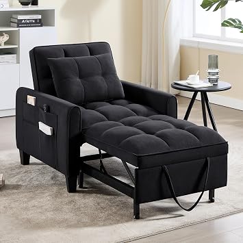 Convertible Sleeper Chair, 3 in 1 Sleeper Chair Bed Pull Out Sofa Bed Chairs, Single Sofa with Adjustable Backrest for Adults Reading Living Room, Bedroom, Velvet Black