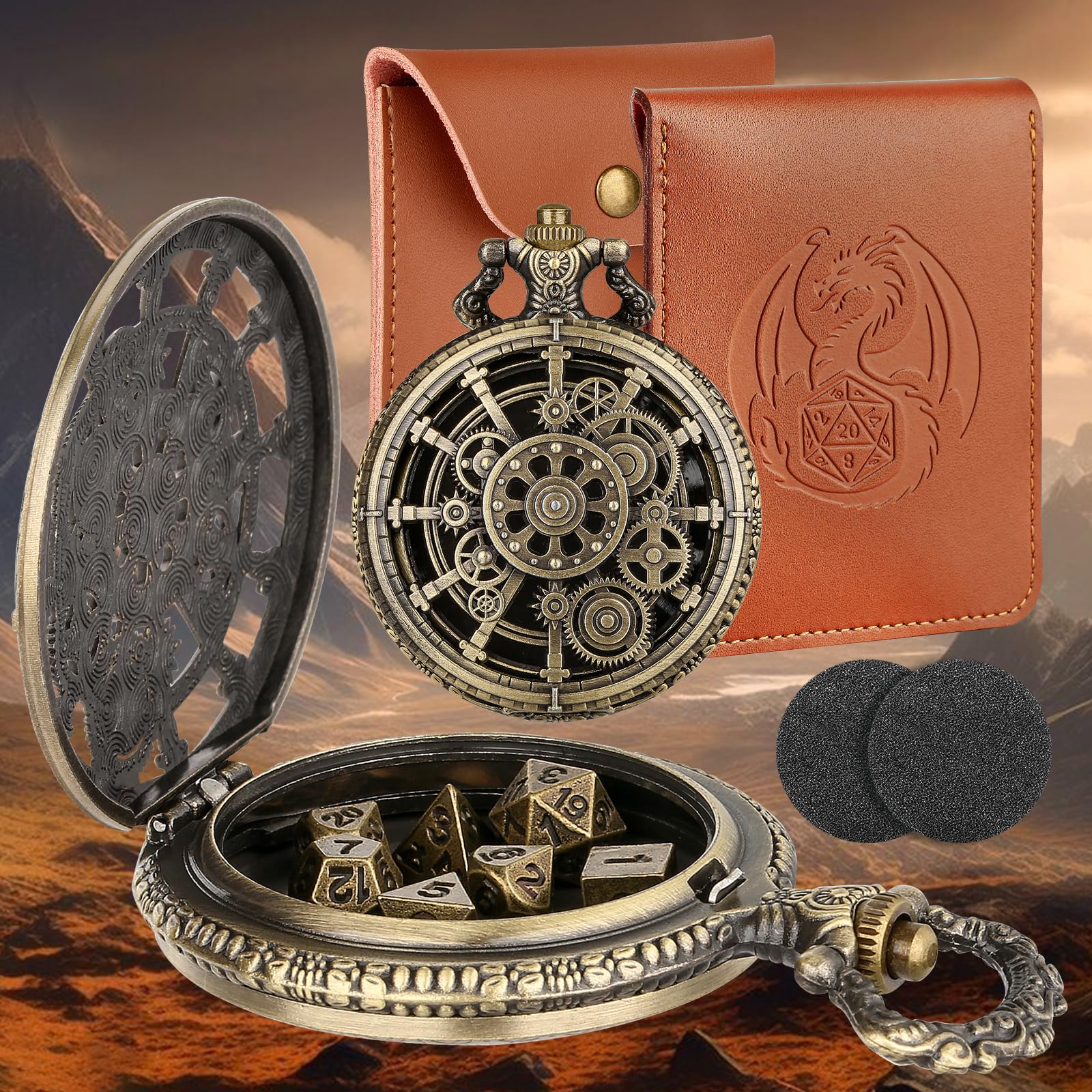 Mini DND Würfelset mit Steampunk Hohlzahnrad Taschenuhr Muschelgehäuse, 7-teiliges Polyedrisches D&D-Würfelset aus Metall, DND Geschenke mit Lederbeutel, Rollenspiel-Brettspielzubehör, Bronze