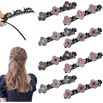 Pack of 8 Braided Rhinestone Hair Clips Double Layer Mini Hair Clips Braided Hair Clip with Rhinestones Braided Ten with Mini Hair Clips for Women and Girls