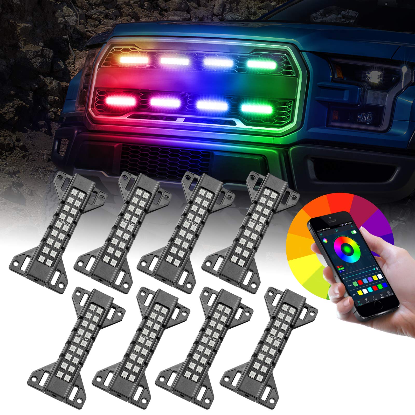Buy RGB LED Grille Lights, OFFROADTOWN 8 Pack RGB Lighting Kit for