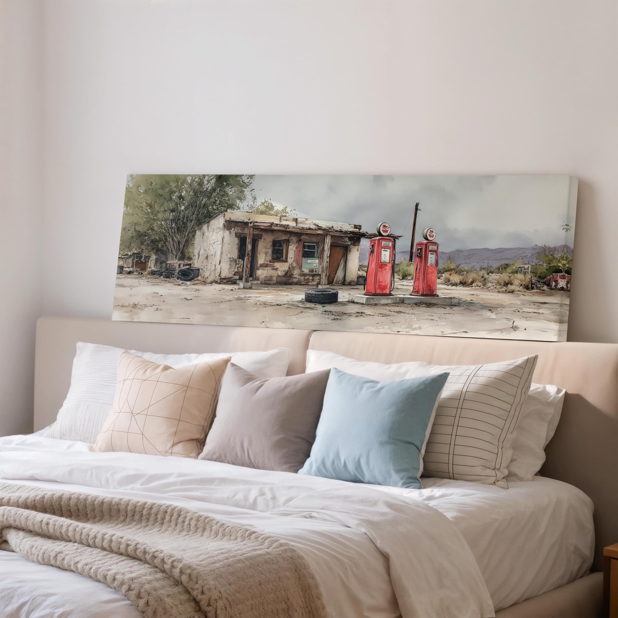 YUSUZHU Vintage Route 66 Gas Station Art Print, Wide Panoramic Wall Canvas, Desert Roadside Watercolor Painting, Americana Decor(35x105cm/Frameless)
