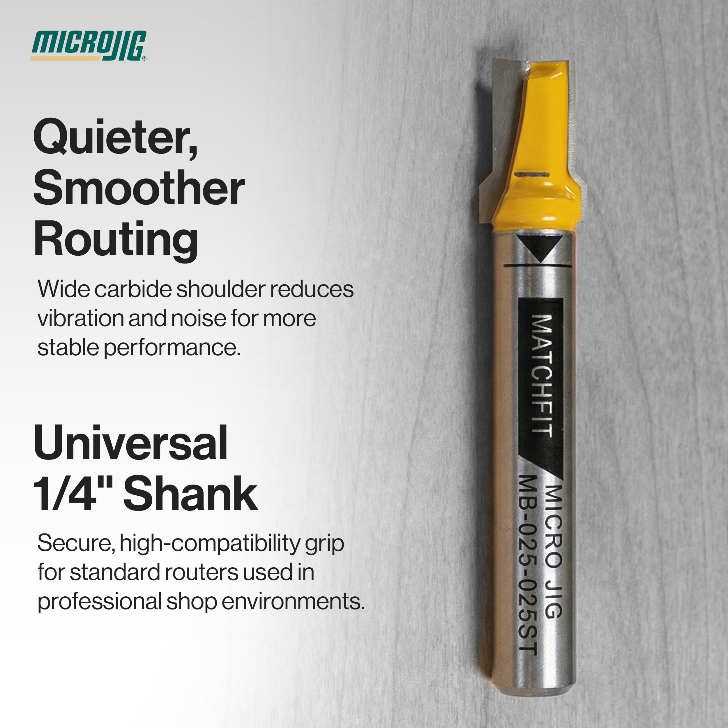 Microjig MatchFit 1/4" Relief Bit (1/4" Shank), Straight Grooving Router Bit for Dovetail Tracks, ‎MB-025-025ST, Yellow