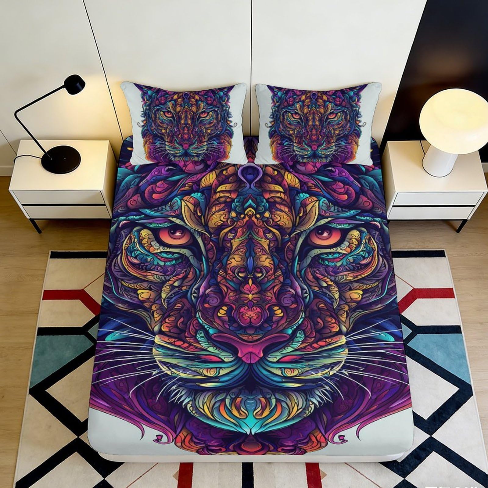 3D Printed Colorful Tiger Fitted Sheet Microfiber Soft Durable Vibrant Animal Mattress Cover for Bedroom Dormitory Guest Room Bed Protection 140x200x25cm