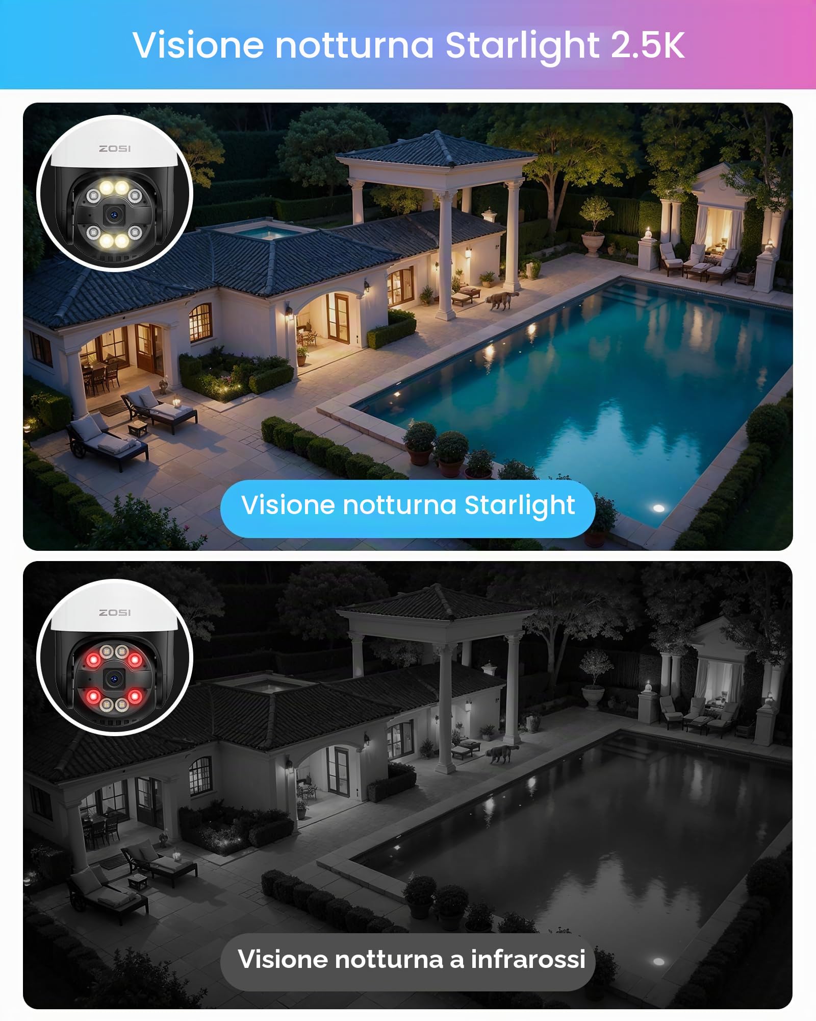 ZOSI Telecamera Wi-Fi Esterno 4MP, 2,5K Telecamera da Esterno WiFi 360° IP66, Visione Notturna a Colori, Videocamera Tracciamento Intelligente, Rilevamento di Umano, Veicoli e Aree