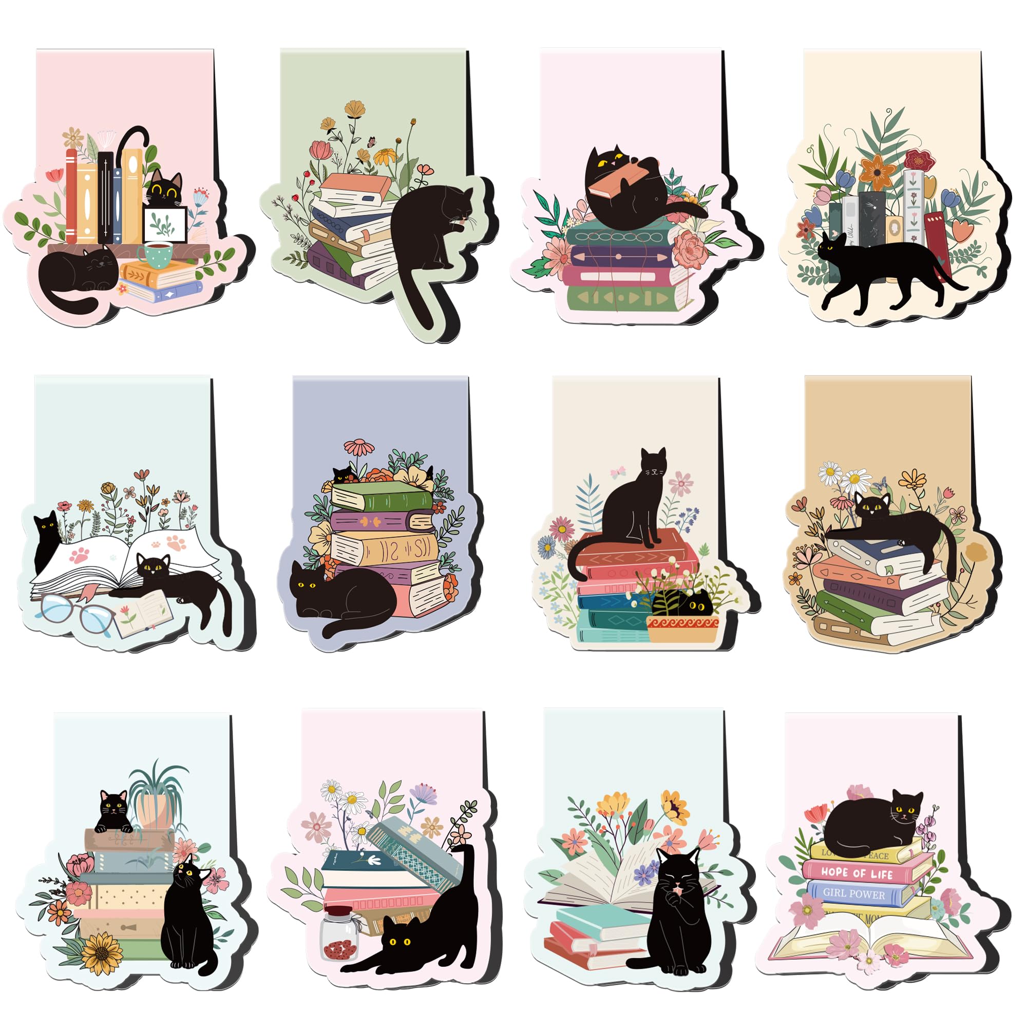 Black Cat Magnetic Bookmarks: 12 Pcs Cute Cat Magnet Book Page Markers, Pretty Flower Animal Book Mark Clips for Reading, Gifts for Women Students