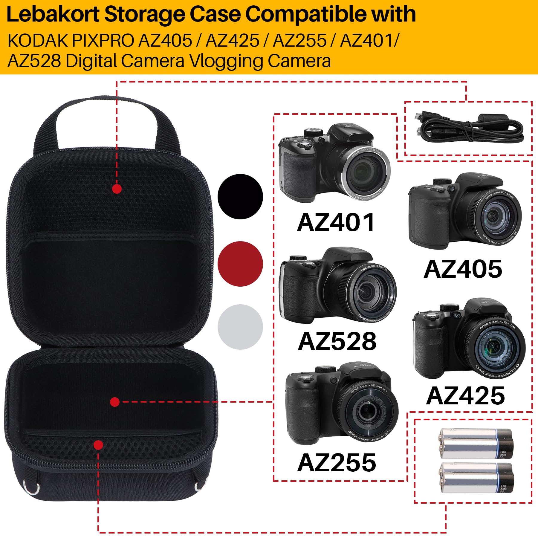 Lebakort Duro Caja Estuche Funda para Kodak Pixpro AZ405/AZ425/AZ255/AZ401/AZ528 Cámara Digital (Negro)