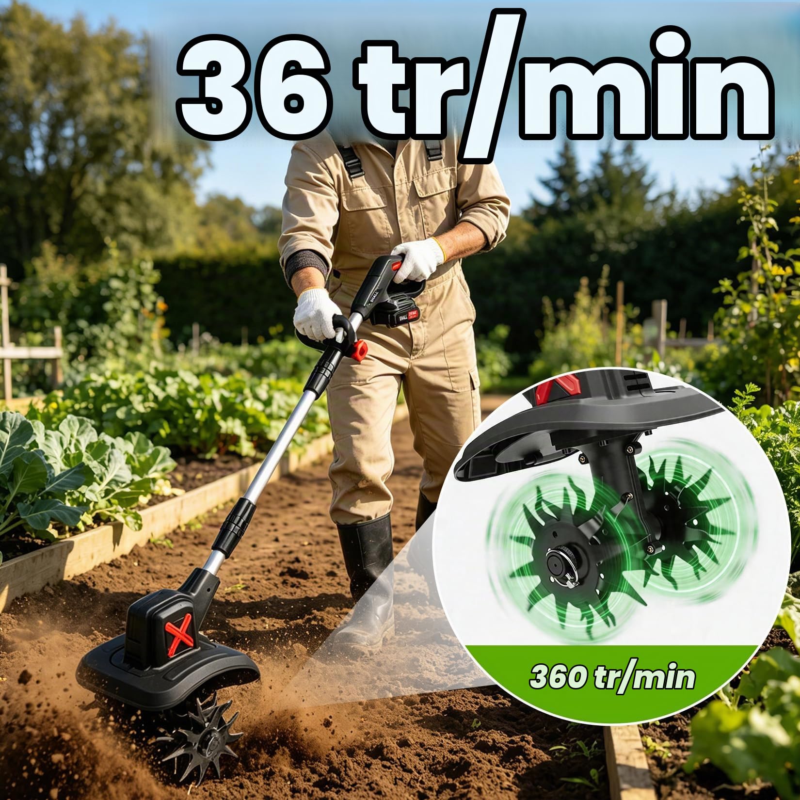 SHALL 21V Motoculteur électrique sans fil , livré avec 2 batteries et un chargeur. Largeur de travail : 22,8 cm x 16,8 cm. Idéal pour le travail du sol, de la pelouse et du jardin.