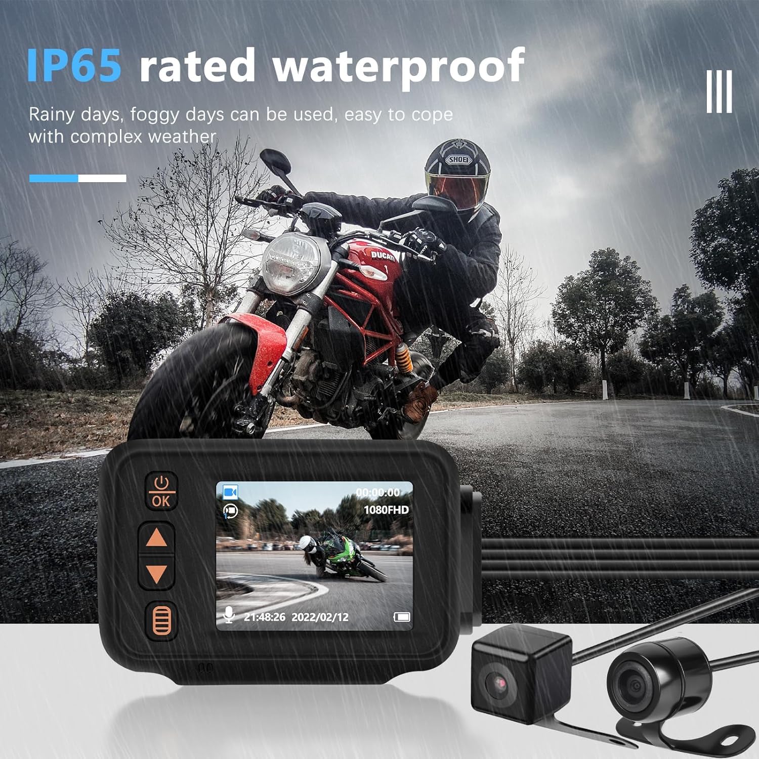 CAMECHO Dash CAM para Moto, Impermeable Total Videocamera Motocicletta AHD 1080P Cámara Delantero y Trasero 150° con GPS Integrado, Wi-Fi, Mando a Distancia con Cable+32GB TF Card