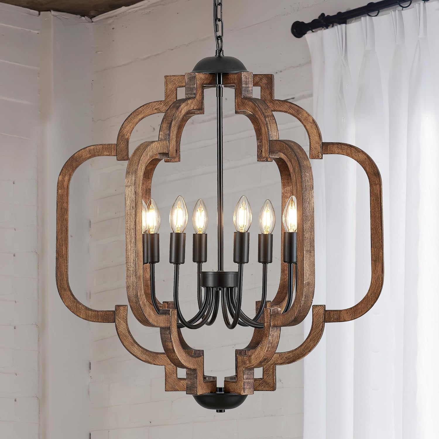24.6" Farmhouse Vintage Chandelier 8-Light for Dining Room Rustic Handmade Wood Hanging Ceiling Pendant Light Fixture for Entryway Brown Retro Chandeliers for Kitchen Bedroom Foyer Hallway Textured-Brown D24" x H31" 8-Light
