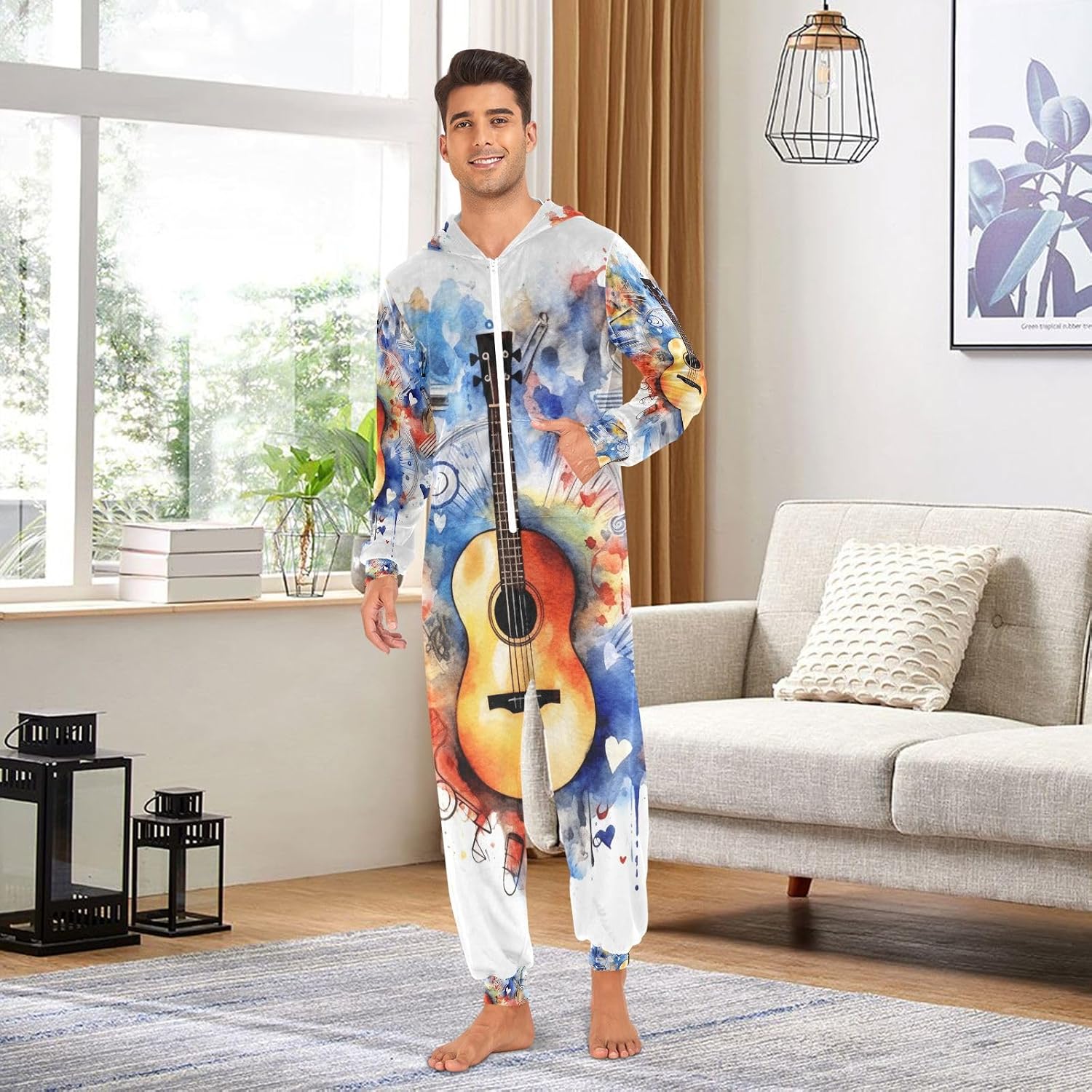 Guitar Blue Tie Dye Unisex Adult Onesie Pajamas Comfy One Piece Costume Jumpsuits Novelty Sleepwear Homewear for Men Women