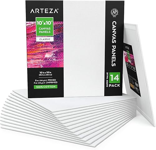 Arteza Lienzos de pintura para pintura, paquete de 14, 10 x 10 pulgadas, tableros cuadrados de lienzo en blanco, 100% algodón, imprimación gesso de